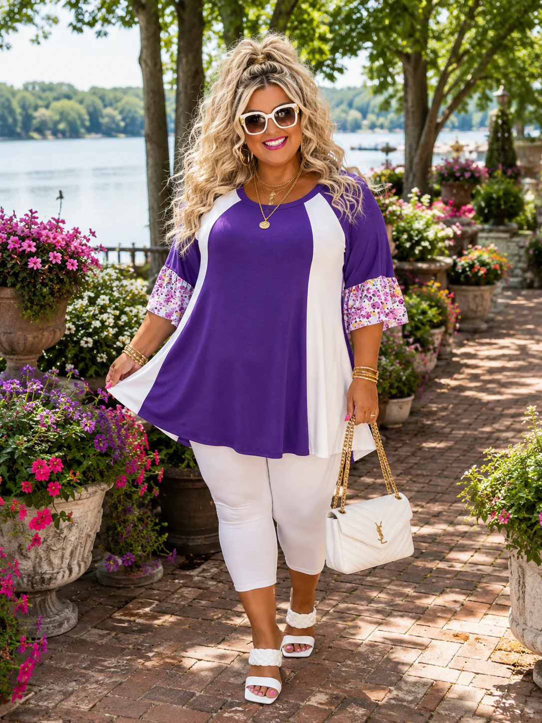 100 CP {Center Of The Party} Purple Ivory Floral Contrast Tunic EXTENDED PLUS SIZE 2X 3X 4X  TRUE TO SIZE!!