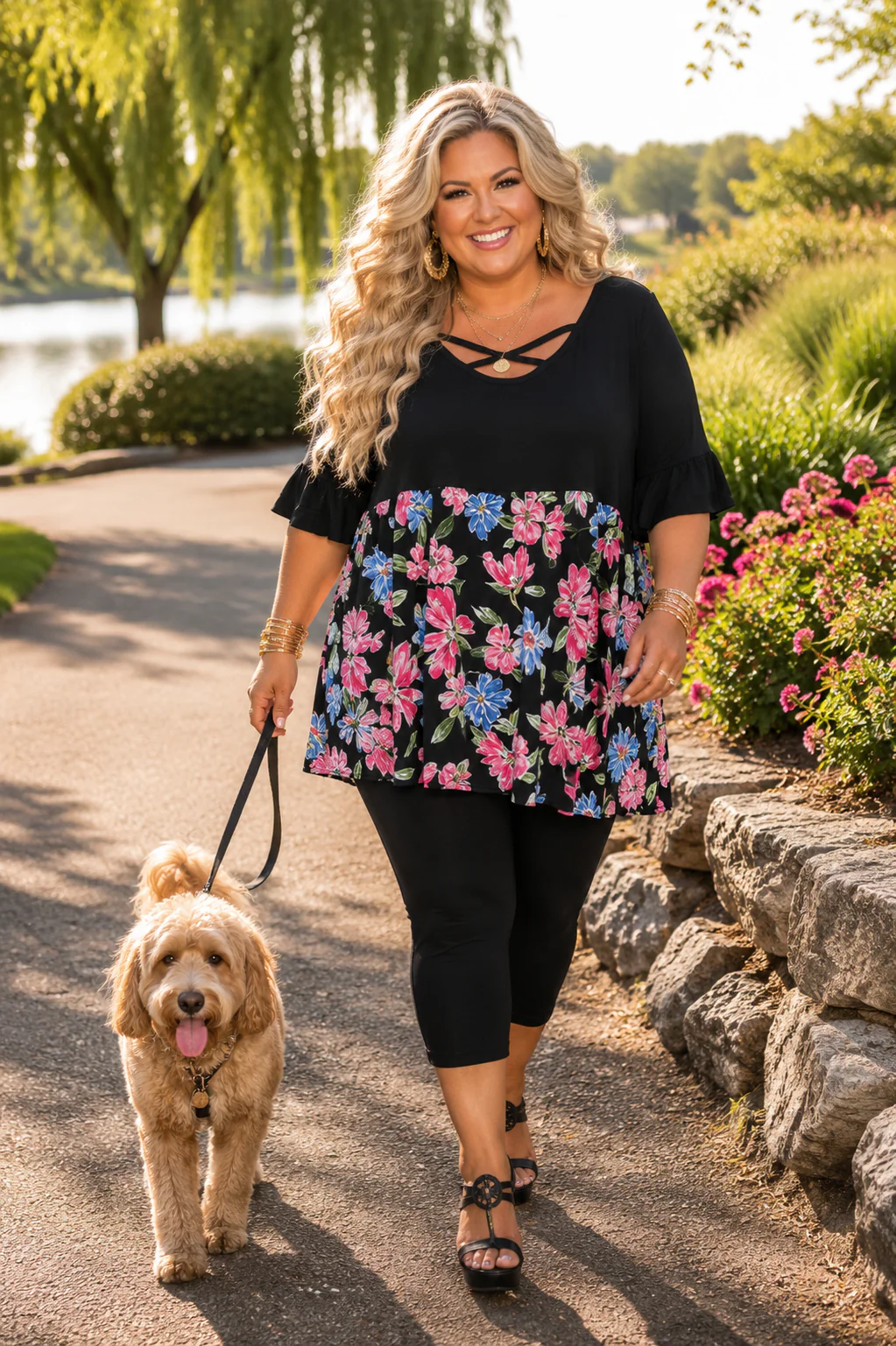 100 CP {Free To Bloom} Black Pink Floral Cross Neck Tunic EXTENDED PLUS SIZE 1X 2X 3X 4X 5X