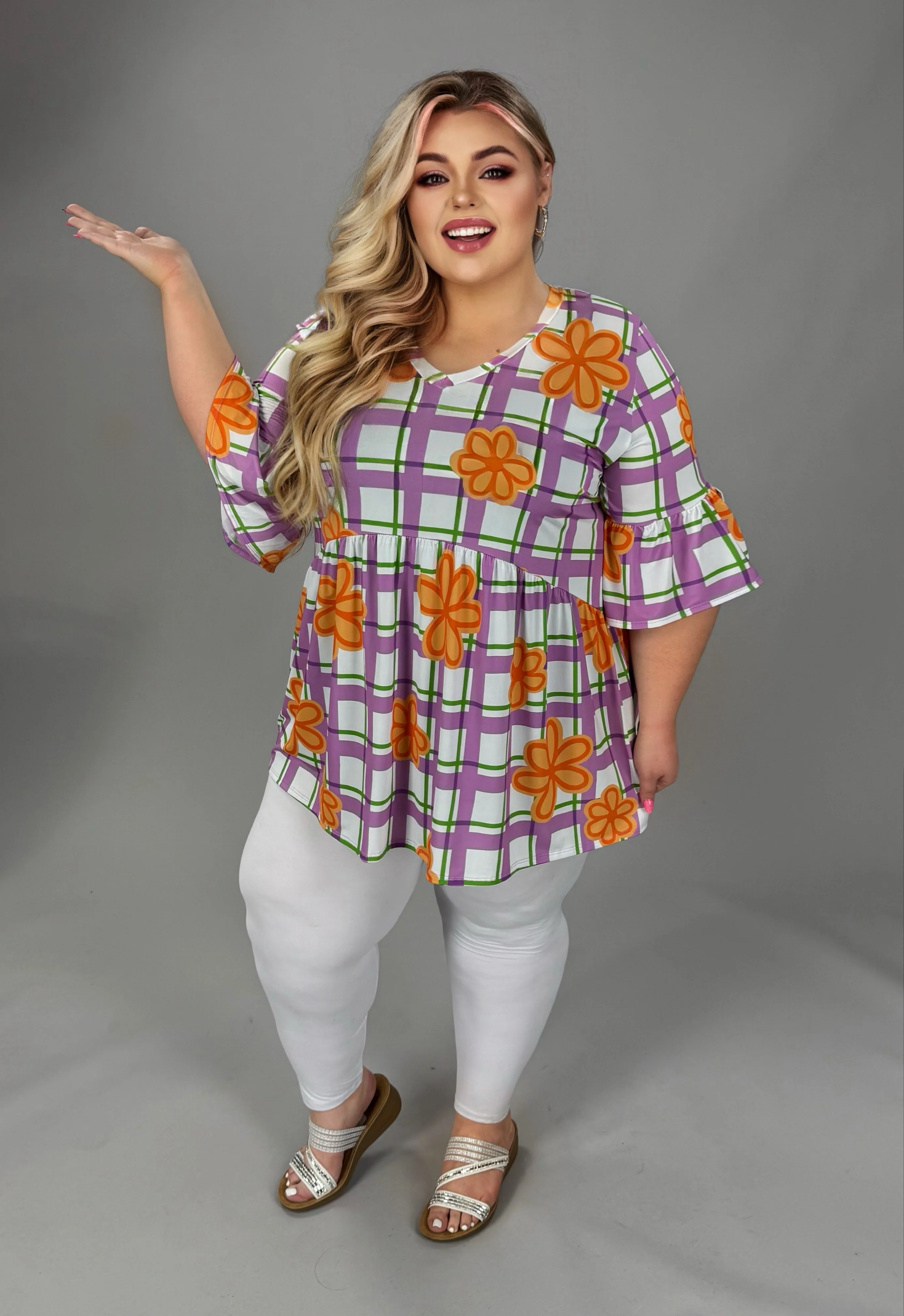 100 PQ {Floral Therapy} Purple & Orange Baby Doll V Neck Tunic Quarter Length Tulip Sleeve EXTENDED PLUS SIZE 3X 4X 5X - Image 4