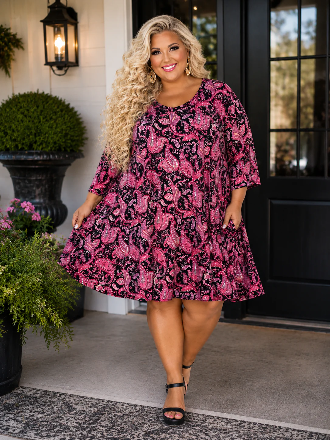 100 PQ {Uptown Views} Black Magenta Paisley Dress EXTENDED PLUS SIZE 2X 3X 4X TRUE TO SIZE!!