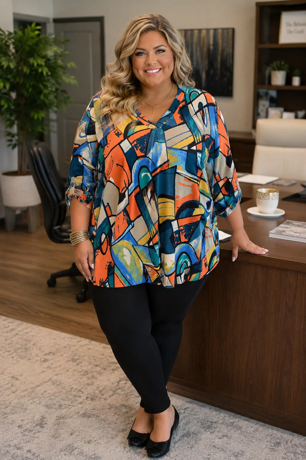 100 PSS {Abstract Allure} Teal Abstract Print V-Neck Top EXTENDED PLUS SIZE 4X 5X 6X
