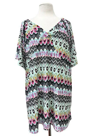 100 PSS {Art Deco} Multi Mosaic Print Flutter Sleeve Top EXTENDED PLUS SIZE 2X 3X 4X  TRUE TO SIZE!! - Image 2