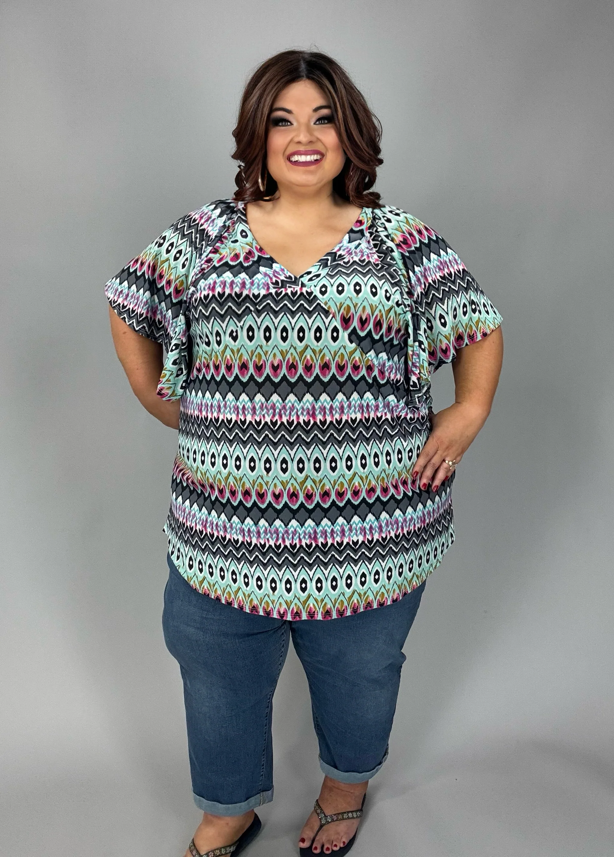 100 PSS {Art Deco} Multi Mosaic Print Flutter Sleeve Top EXTENDED PLUS SIZE 2X 3X 4X  TRUE TO SIZE!! - Image 3