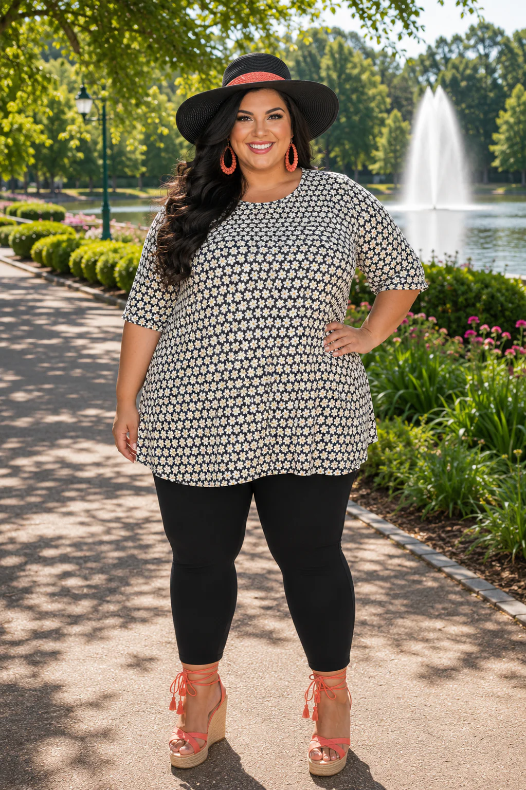 100 PSS {Blooming Daisy} Black Daisy Print Frill Hem Top EXTENDED PLUS SIZE 3X 4X 5X