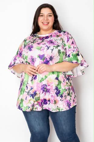 100 PSS {Floral Haven} Purple Floral Ruffle Sleeve Tunic EXTENDED PLUS SIZE 4X 5X 6X - Image 2