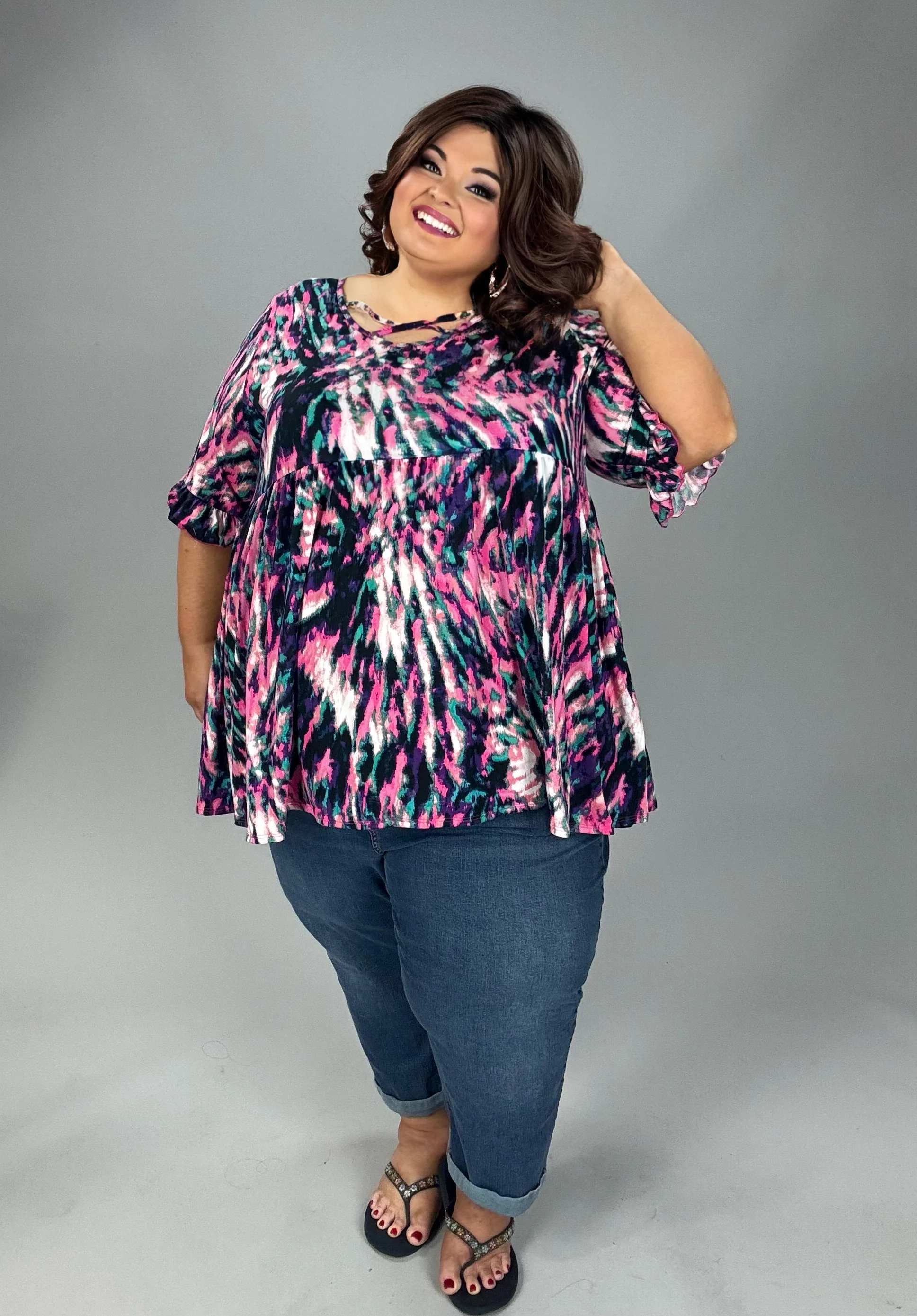 100 PSS {For All Time} Pink Multi Tie Dye Cross Neck Top EXTENDED PLUS SIZE 3X 4X 5X - Image 4