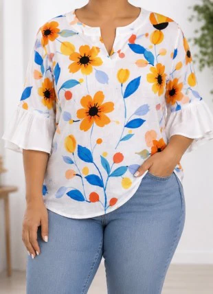100 PSS {Garden Grace} Ivory Big Flower Print V-Neck Top PLUS SIZE 1X 2X 3X - Image 2