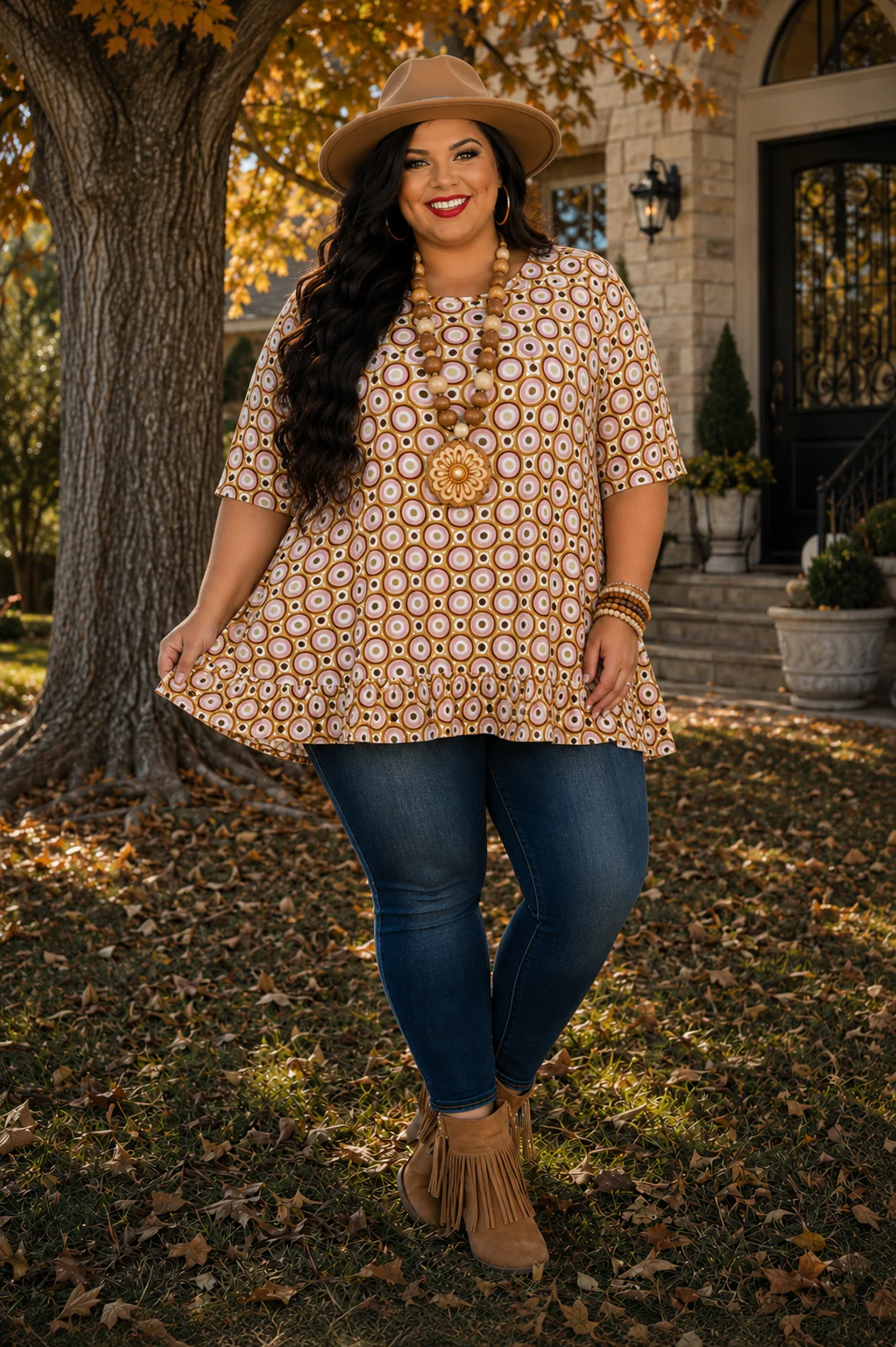 100 PSS {Golden Sands} Beige Pink Print Frill Hem Top EXTENDED PLUS SIZE 3X 4X 5X