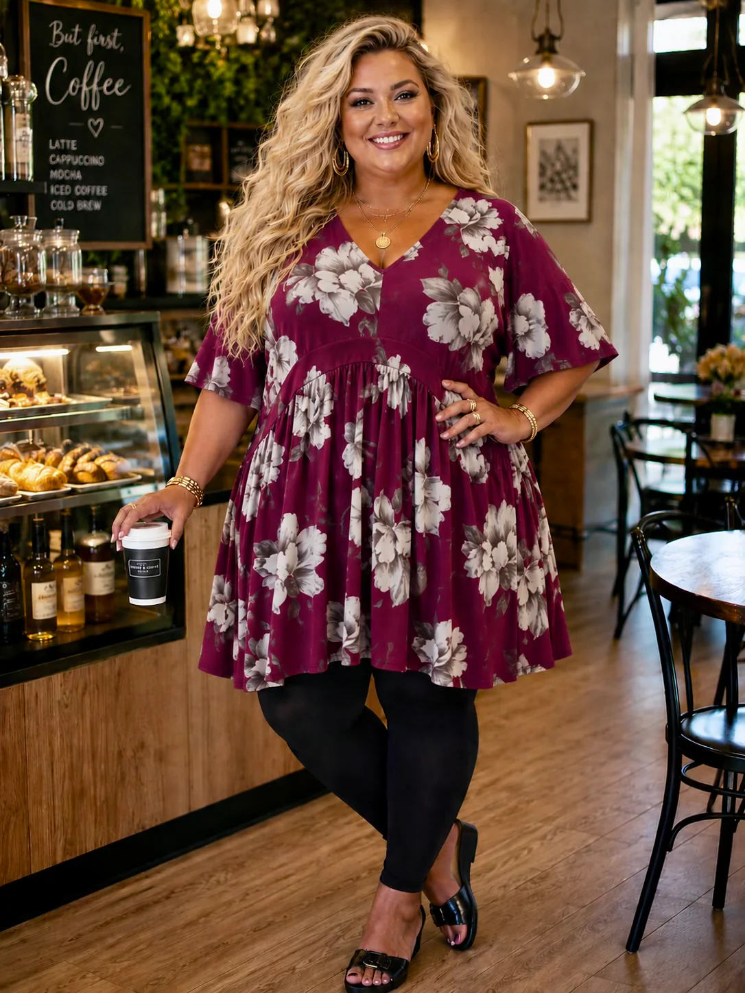100 PSS {Graceful Glam} Wine Floral Print V-Neck Top EXTENDED PLUS SIZE 3X 4X 5X