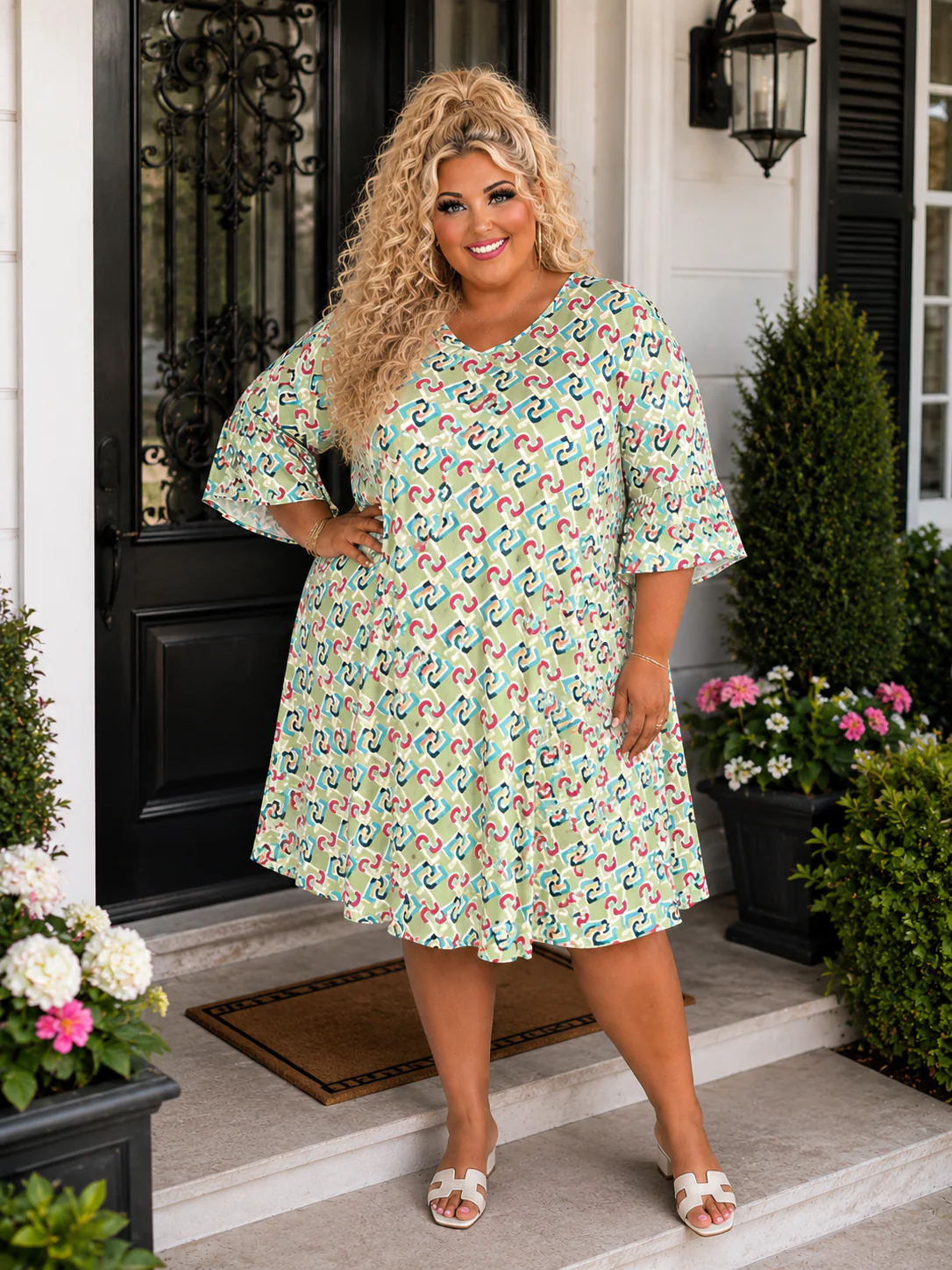 100 PSS {Lively Connect} Lt. Sage Print V-Neck Dress EXTENDED PLUS SIZE 2X 3X 4X TRUE TO SIZE!!