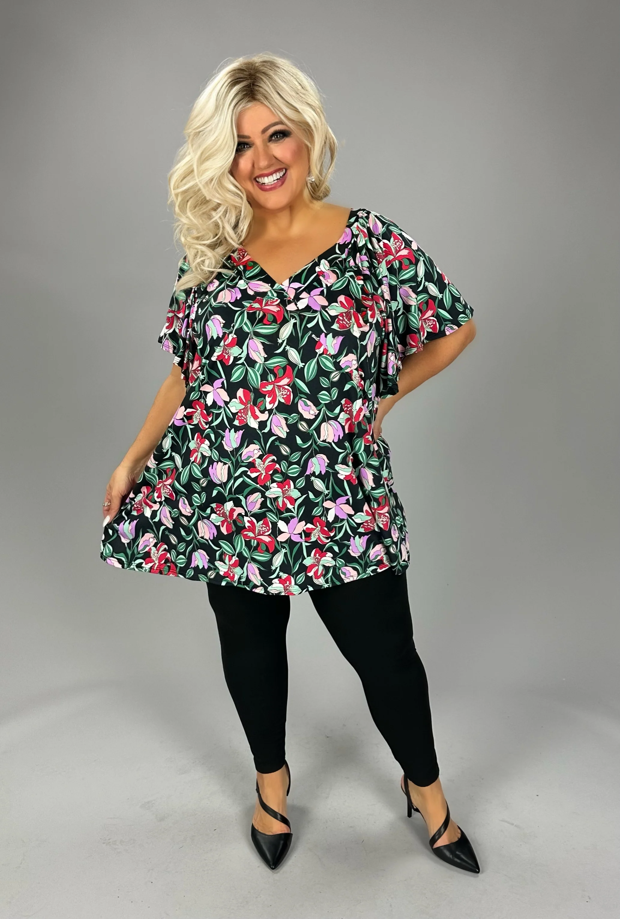 100 PSS {Moonlit Blooms} Black Floral V-Neck Top EXTENDED PLUS SIZE XL 2X 3X 4X TRUE TO SIZE!! - Image 4