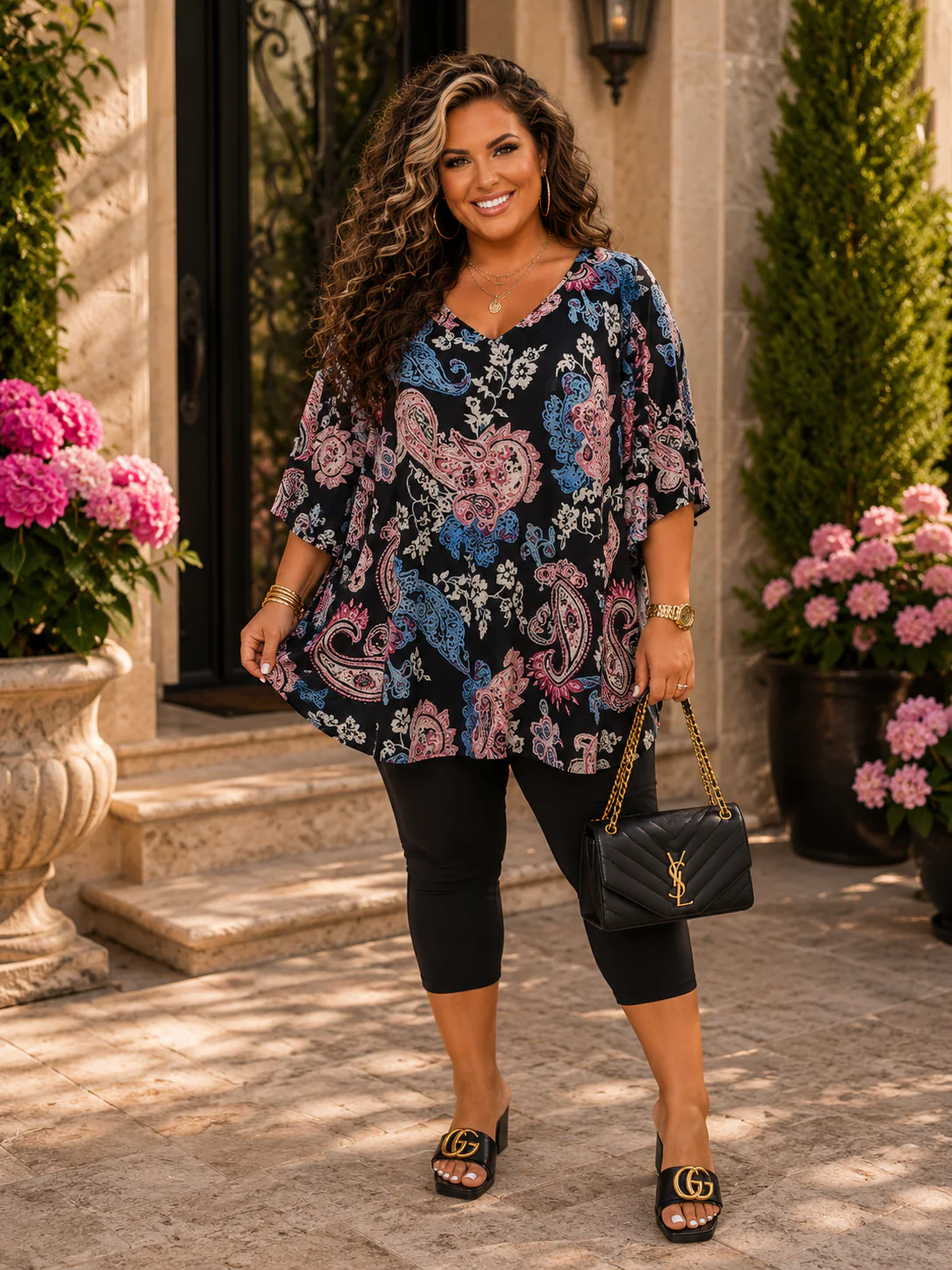 100 PSS {Paisley Promises} Black Paisley Print V-Neck Top EXTENDED PLUS SIZE 3X 4X 5X