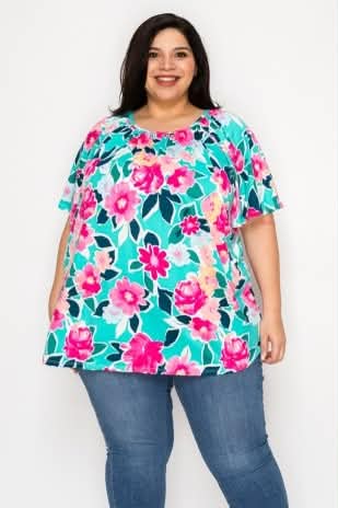 100 PSS {Playful & Pretty} Teal Large Floral Print Shirred Top EXTENDED PLUS SIZE 4X 5X 6X - Image 2