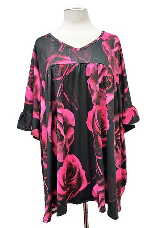 100 PSS {Prize Roses) Magenta Black Inverted Baby Doll Tunic Ruffle Sleeve EXTENDED PLUS SIZE 1X 2X 3X 4X 5X 6X - Image 2
