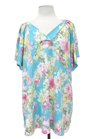 100 PSS {Romance In Bloom} Emerald Blue Floral V-Neck Top EXTENDED PLUS SIZE 2X 3X 4X TRUE TO SIZE!! - Image 2