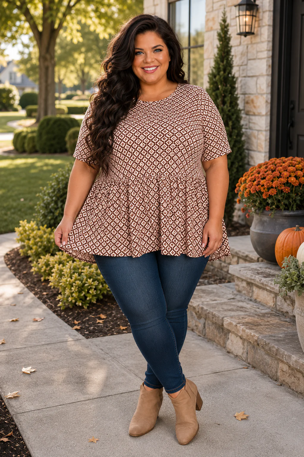 100 PSS {Sunset Bloom} Brown Coral Print Frill Hem Top EXTENDED PLUS SIZE 3X 4X 5X