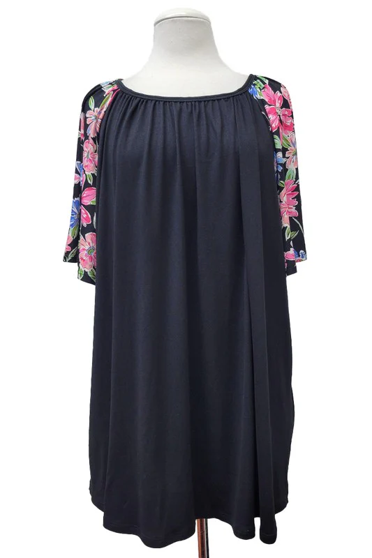 100 SD {Be Amazed} Black Floral Sleeve Round Neck Tunic EXTENDED PLUS SIZE 2X 3X 4X TRUE TO SIZE!! - Image 2