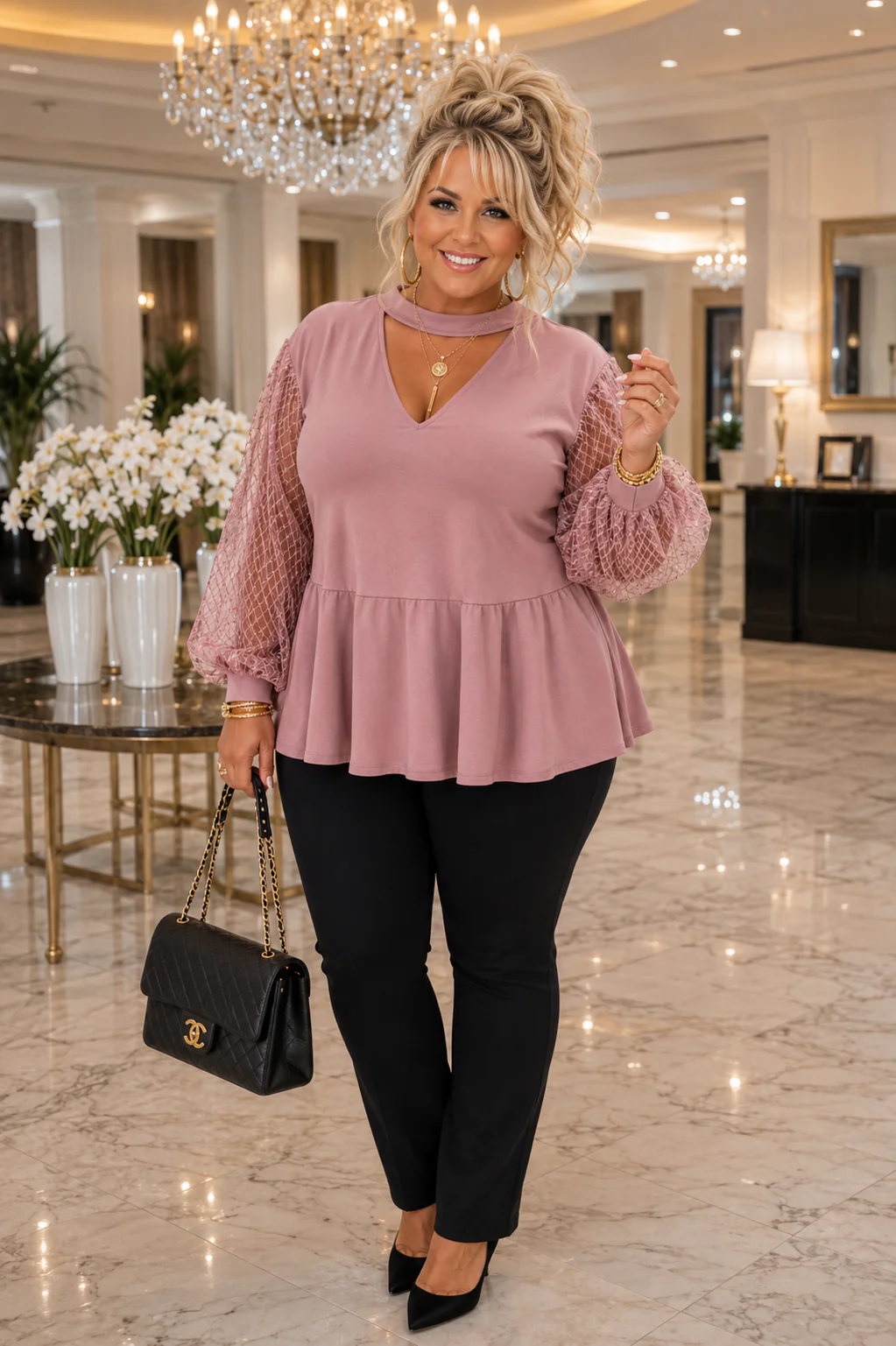 100 SD {Modern Romance} Mauve Sheer Sleeve V-Neck Top EXTENDED PLUS SIZE 5X