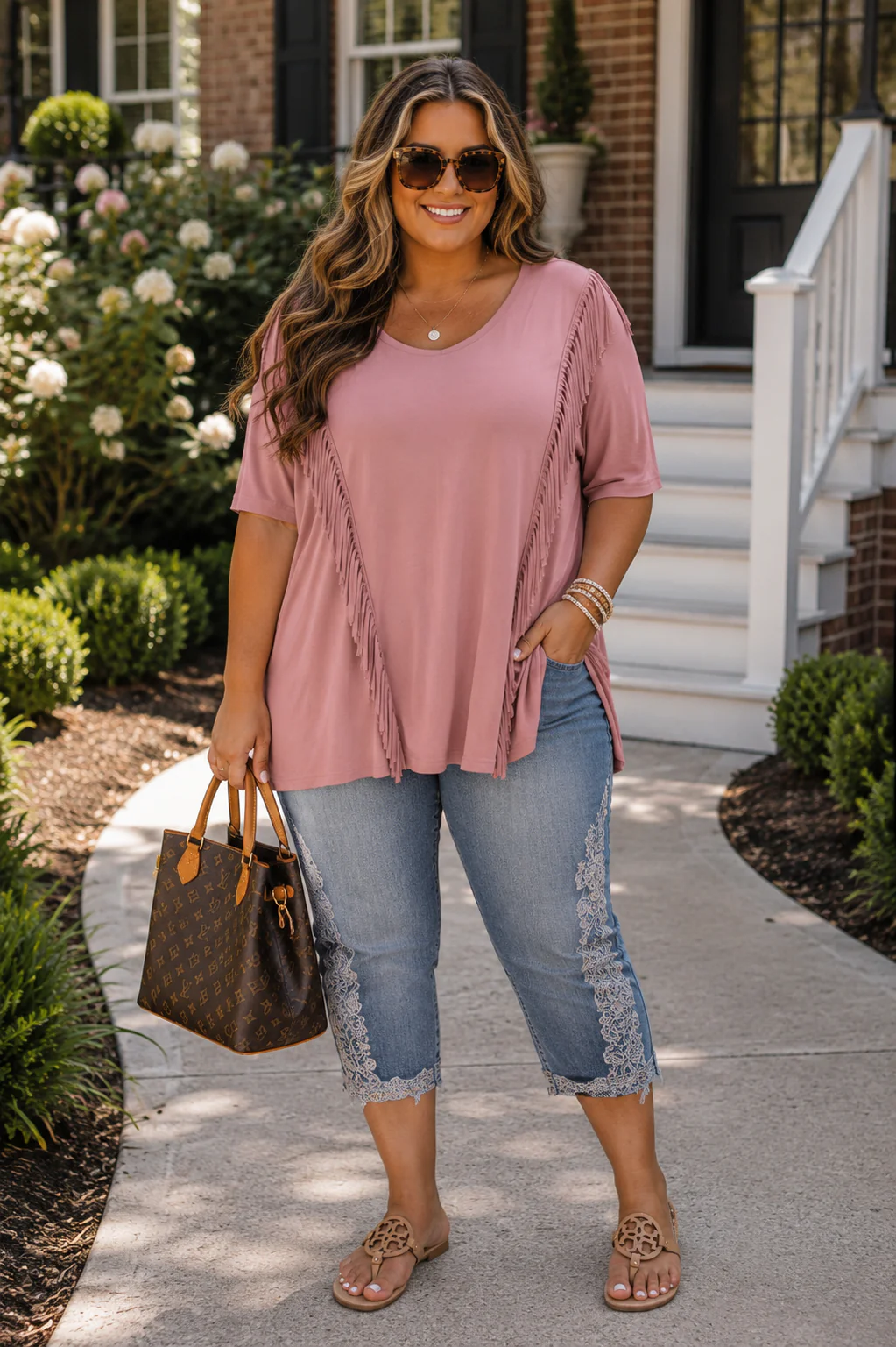 100 SSS {Blush Fringe} Rose Fringe Detail Short Sleeve Top PLUS SIZE 2X