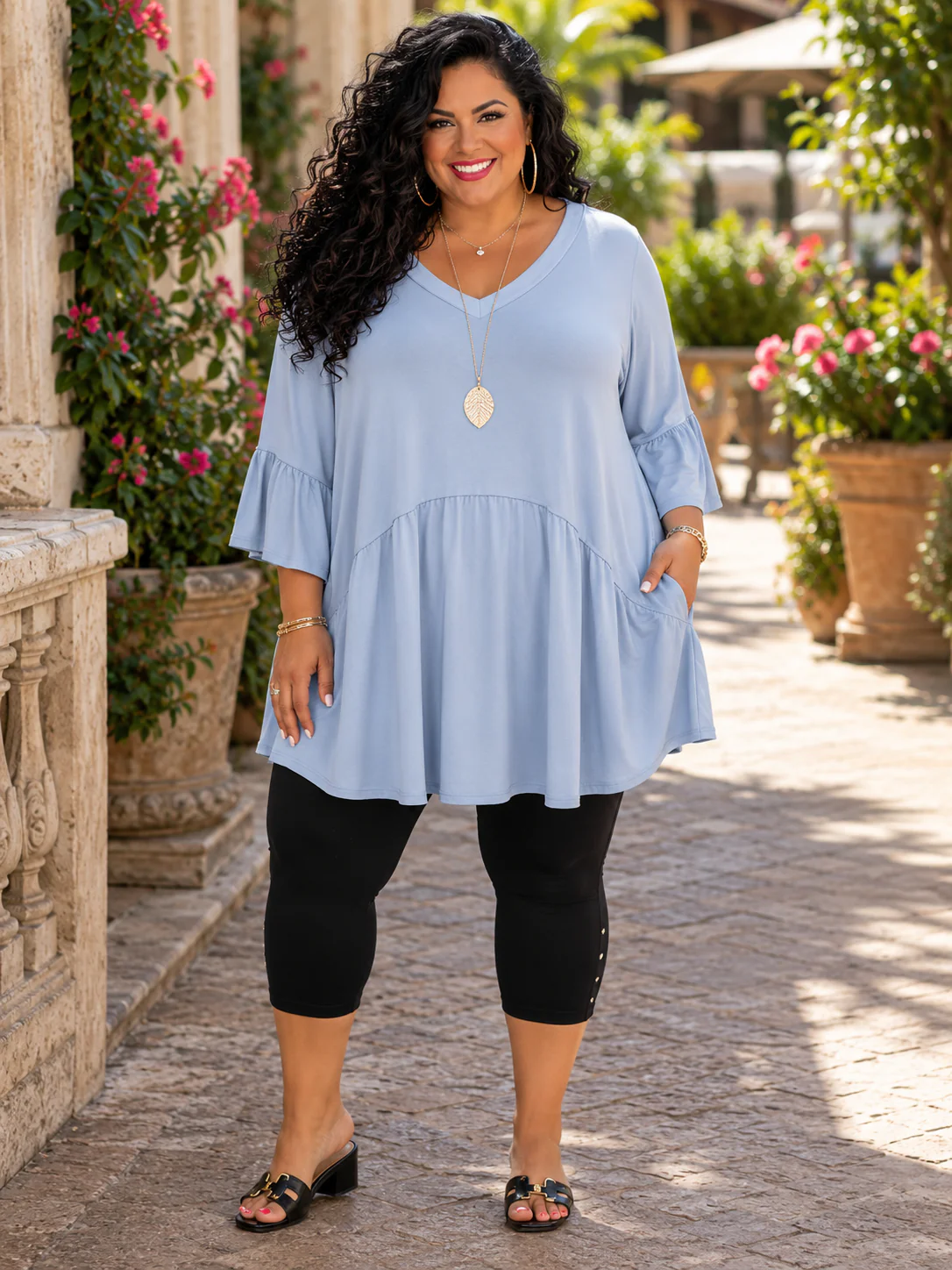 100 SQ {Cool & Casual} Sky Blue Baby Doll Tunic V Neck Tulip Sleeve EXTENDED PLUS SIZE 3X 4X 5X