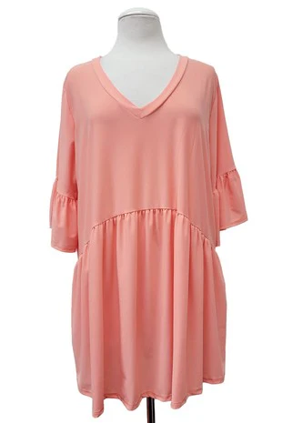 100 SQ {Feeling Peachy} Coral Baby Doll V Neck Tunic Tulip Sleeve EXTENDED PLUS SIZE 3X 4X 5X - Image 2