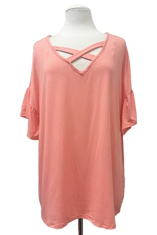 100 SSS {Feeling Refreshed} Coral Cross Neck Top PLUS SIZE 1X 2X 3X - Image 2