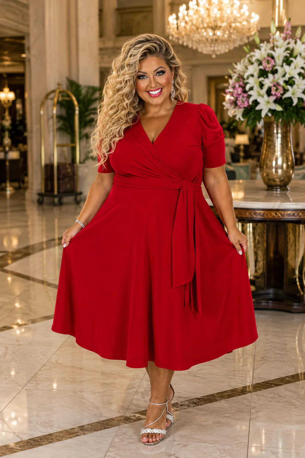 100 SSS {The Traveler} Red Faux Wrap Dress w/Side Tie PLUS SIZE XL 2X 3X