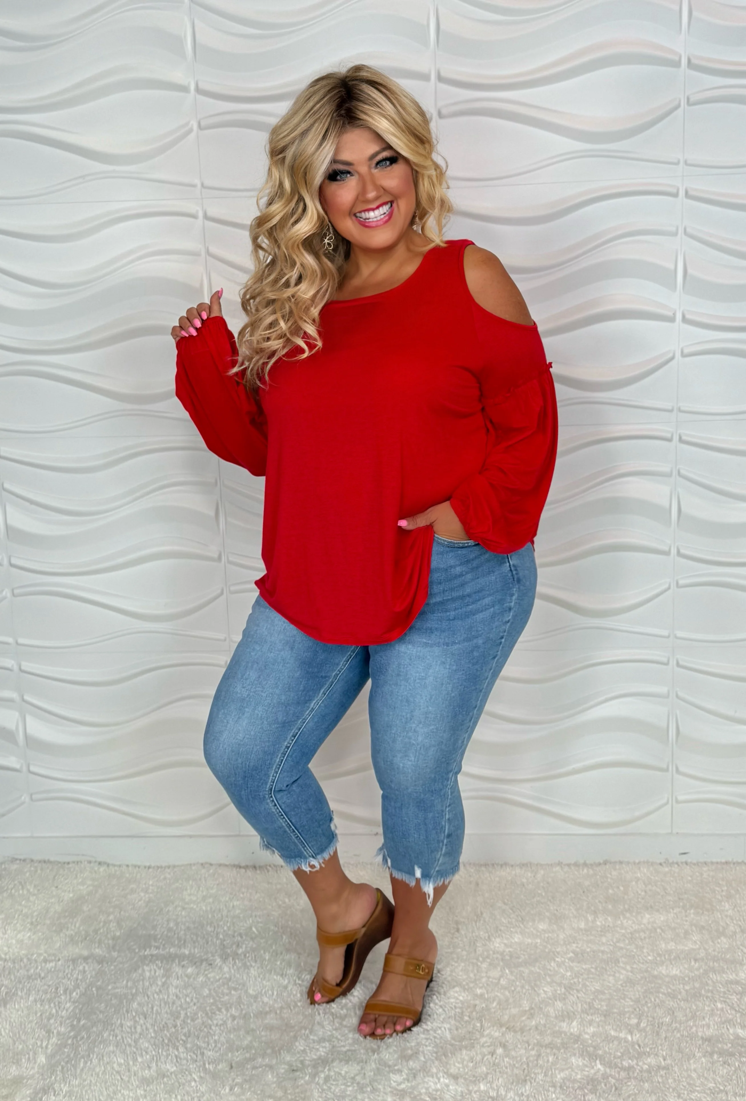 27 OS {Hear Me Out} Red Cold Shoulder Top PLUS SIZE 1X 2X 3X - Image 3