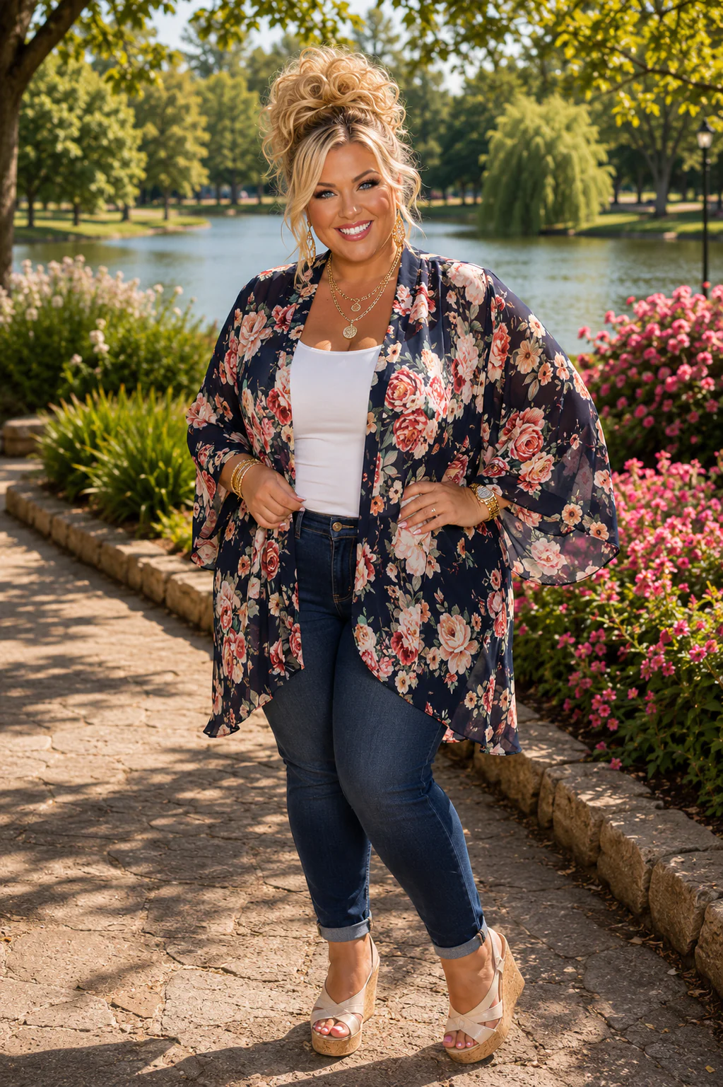 29 OT {Floral Journey} Navy Pink Floral Sheer Cardigan PLUS SIZE 1X 2X 3X