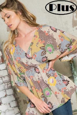 30 PSS-S {Flirting With Perfection} Mustard Print V-Neck Top PLUS SIZE 1X 2X 3X - Image 2