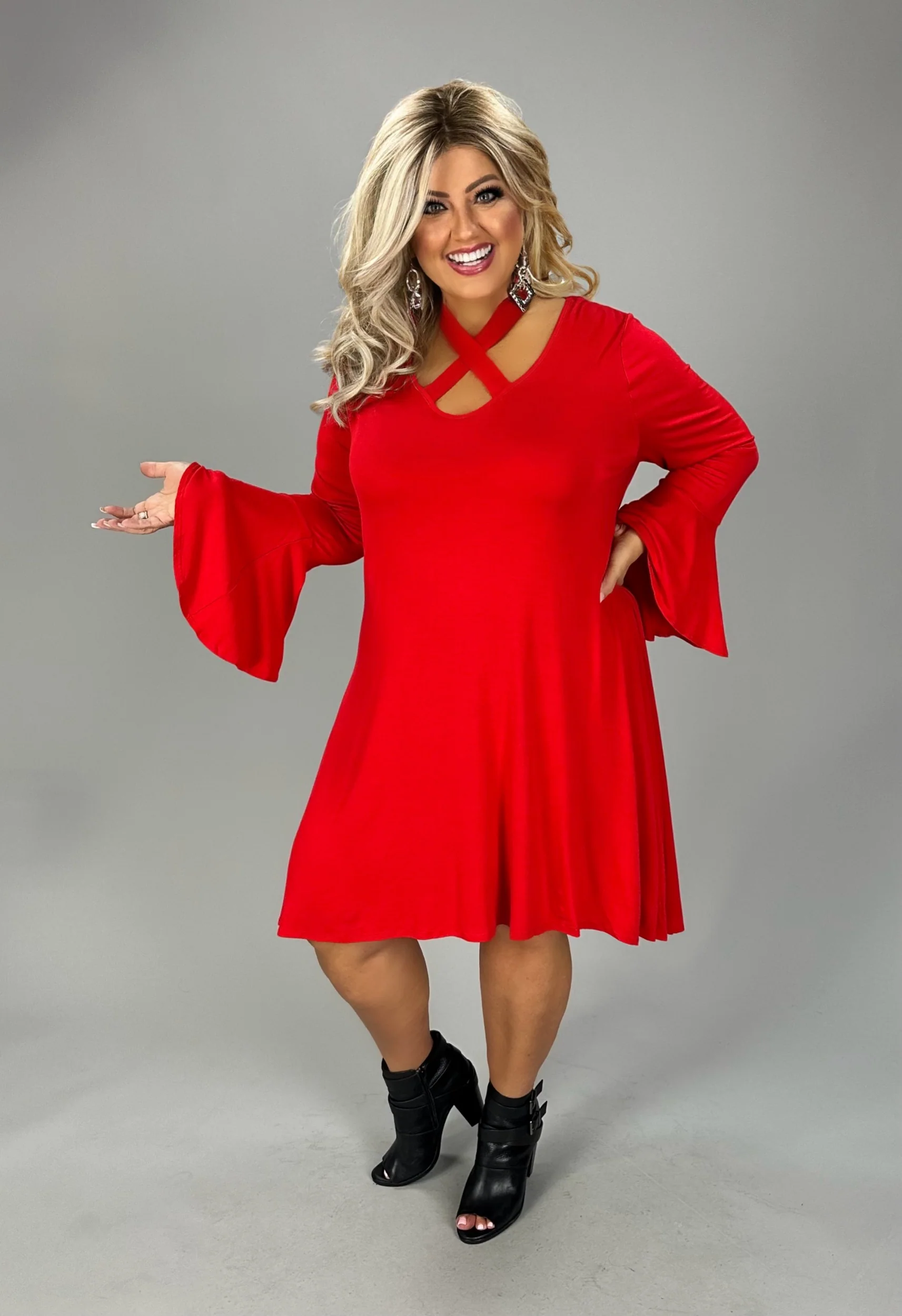 32 SQ {Dreaming Of Elegance} Red V-Neck Top w/ Tie Cross Neck Detail PLUS SIZE XL 2X 3X - Image 3