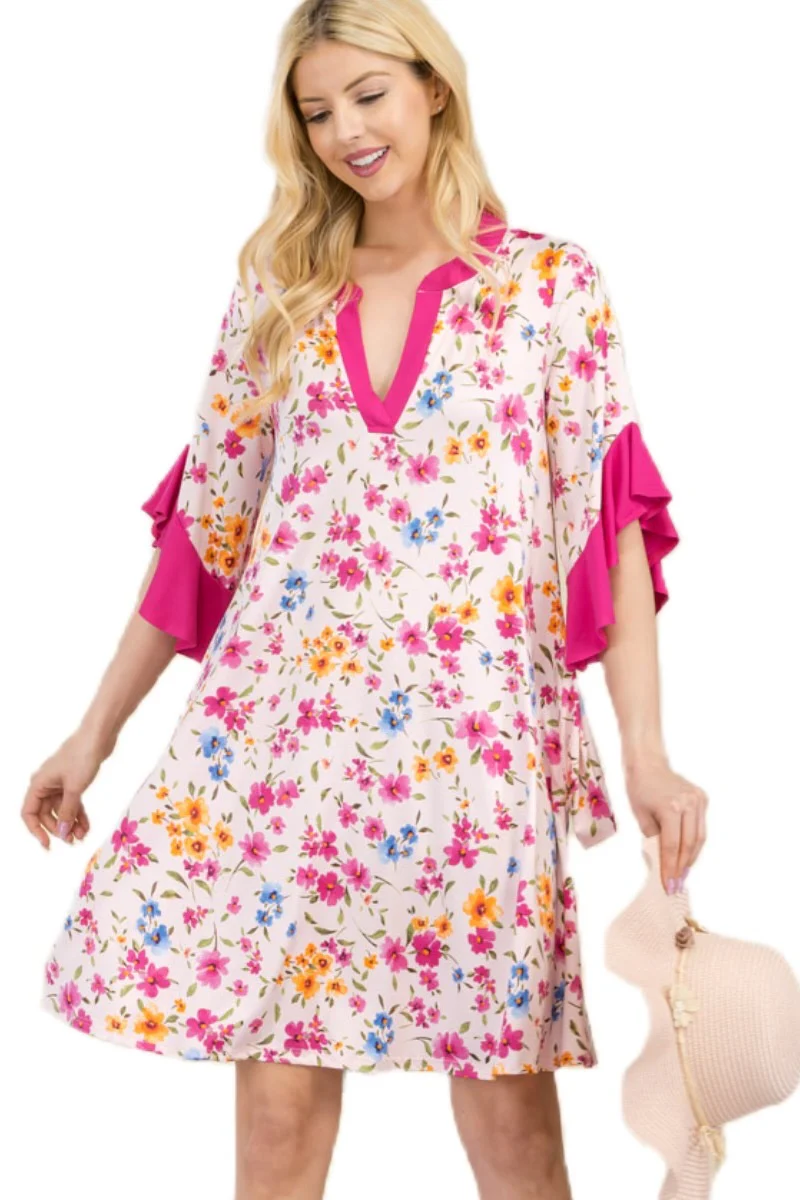 33 CP-B {Flowers Speak To Me} Fuchsia Floral Ruffle Sleeve Dress PLUS SIZE XL 2X 3X - Image 3