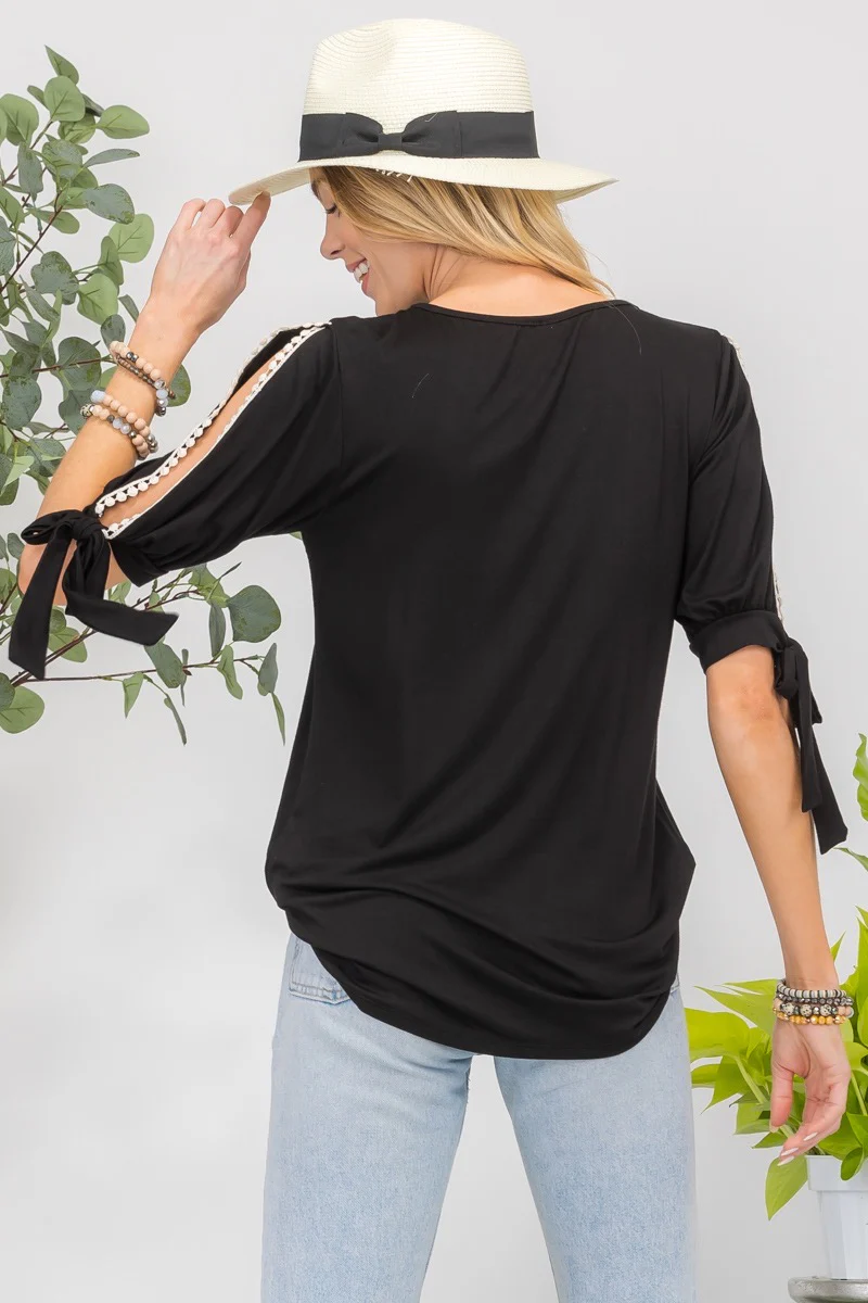 34 OS-O {Lucky Vibes} Black Top w/Sleeve Detail PLUS SIZE XL 2X 3X - Image 3