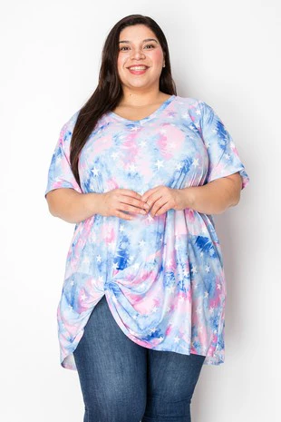 35 PSS {Be A Star} Pink Blue Tie Dye Star Print Knot Hem Top PLUS SIZE 1X 2X 3X - Image 2