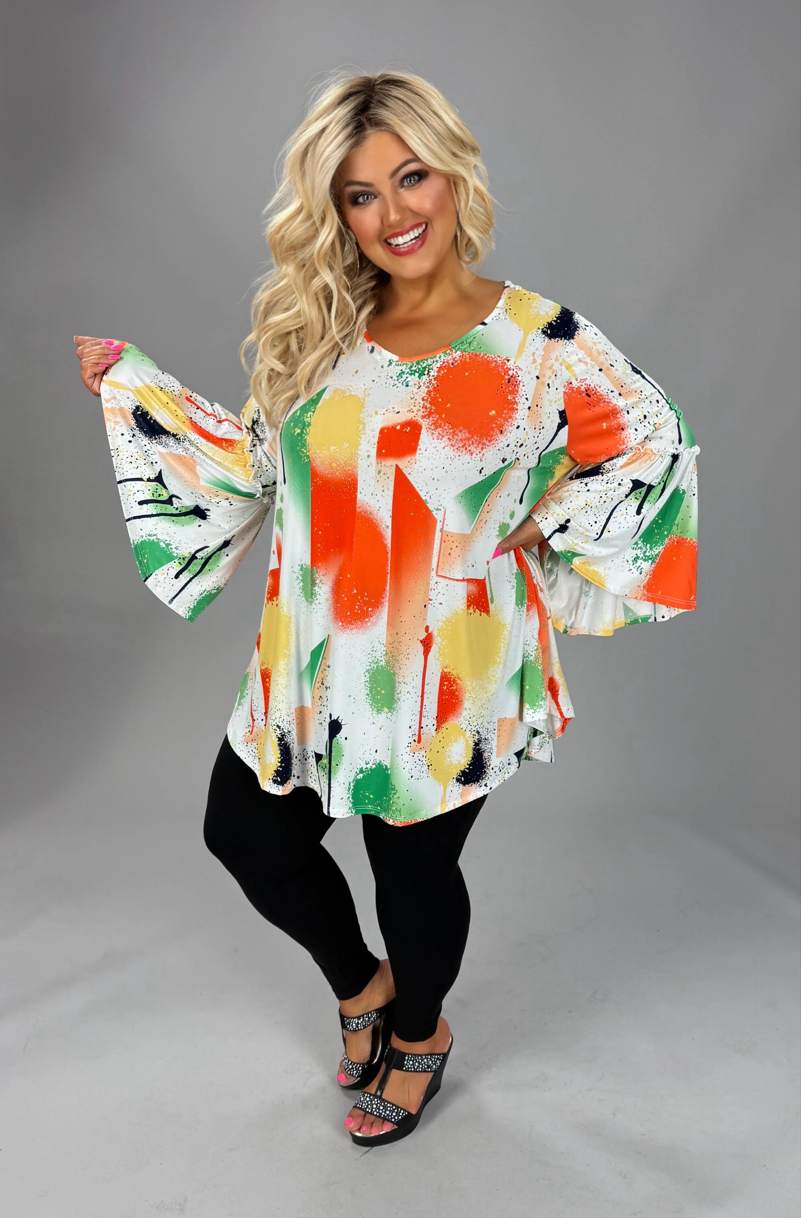 44 PQ {Endless Charm} Ivory Orange Abstract Bell Sleeve Top EXTENDED PLUS SIZE 3X 4X 5X - Image 3