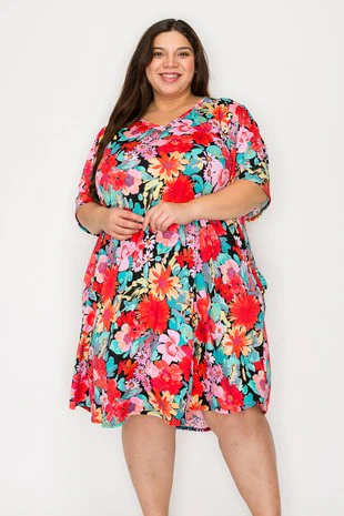 44 PSS {Garden Charm} Black PInk Floral V-Neck Dress EXTENDED PLUS SIZE 3X 4X 5X - Image 2
