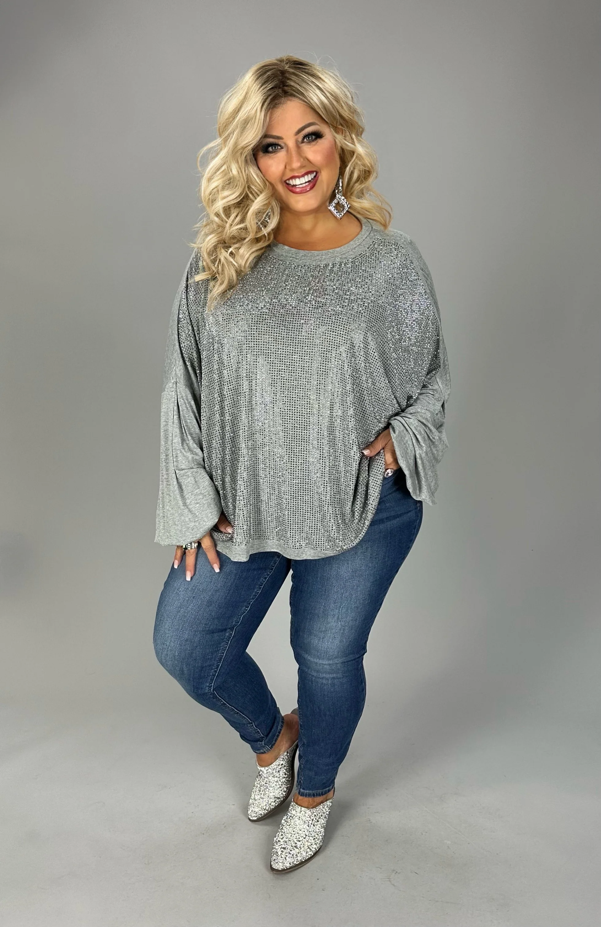45 SD [Twilight Sparkles} VOCAL Gray Front Studded Top PLUS SIZE 1X 2X 3X