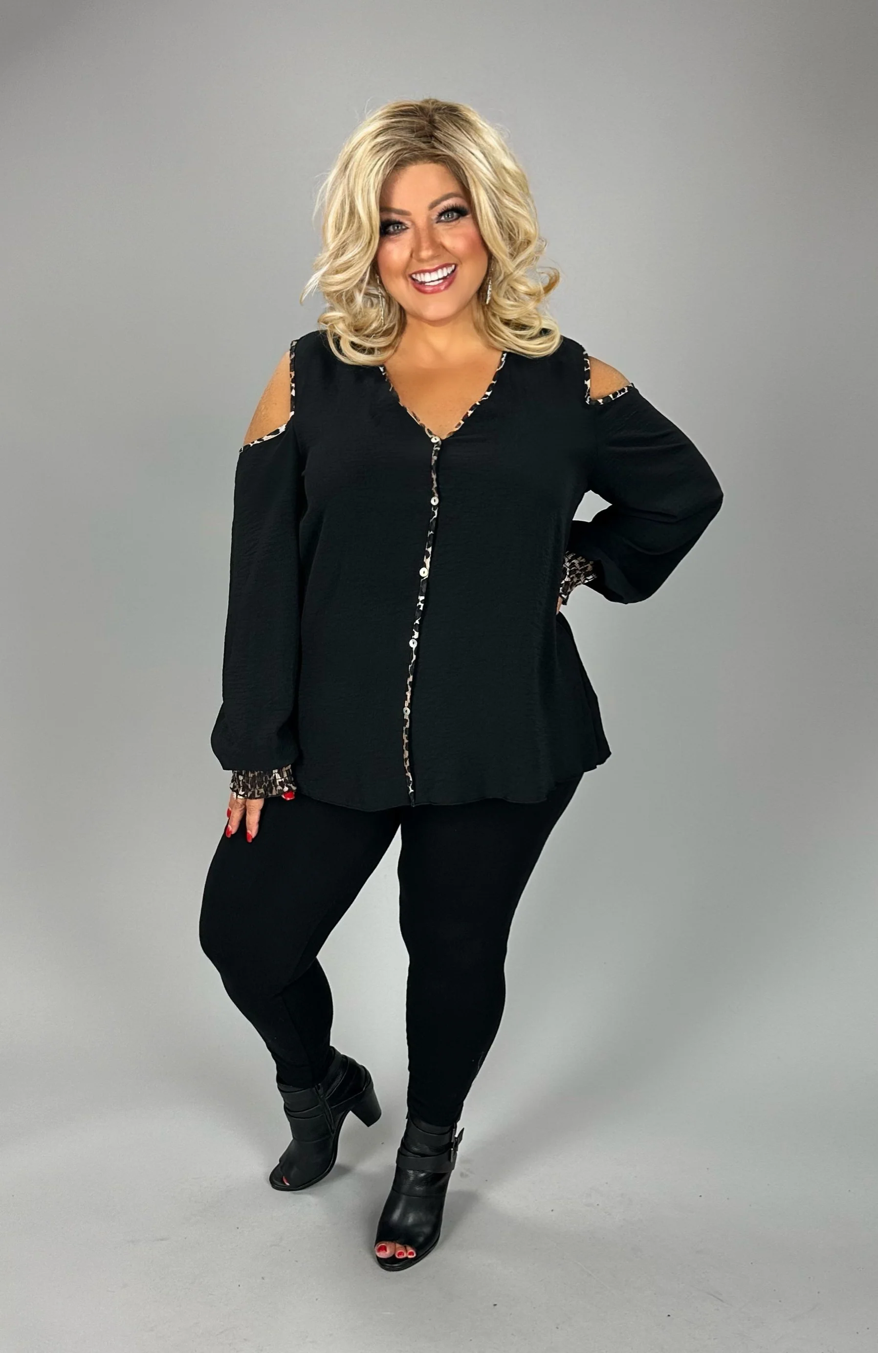46 OS {Leopard Defined} Black Cold Shoulder Top PLUS SIZE XL 2X 3X - Image 3