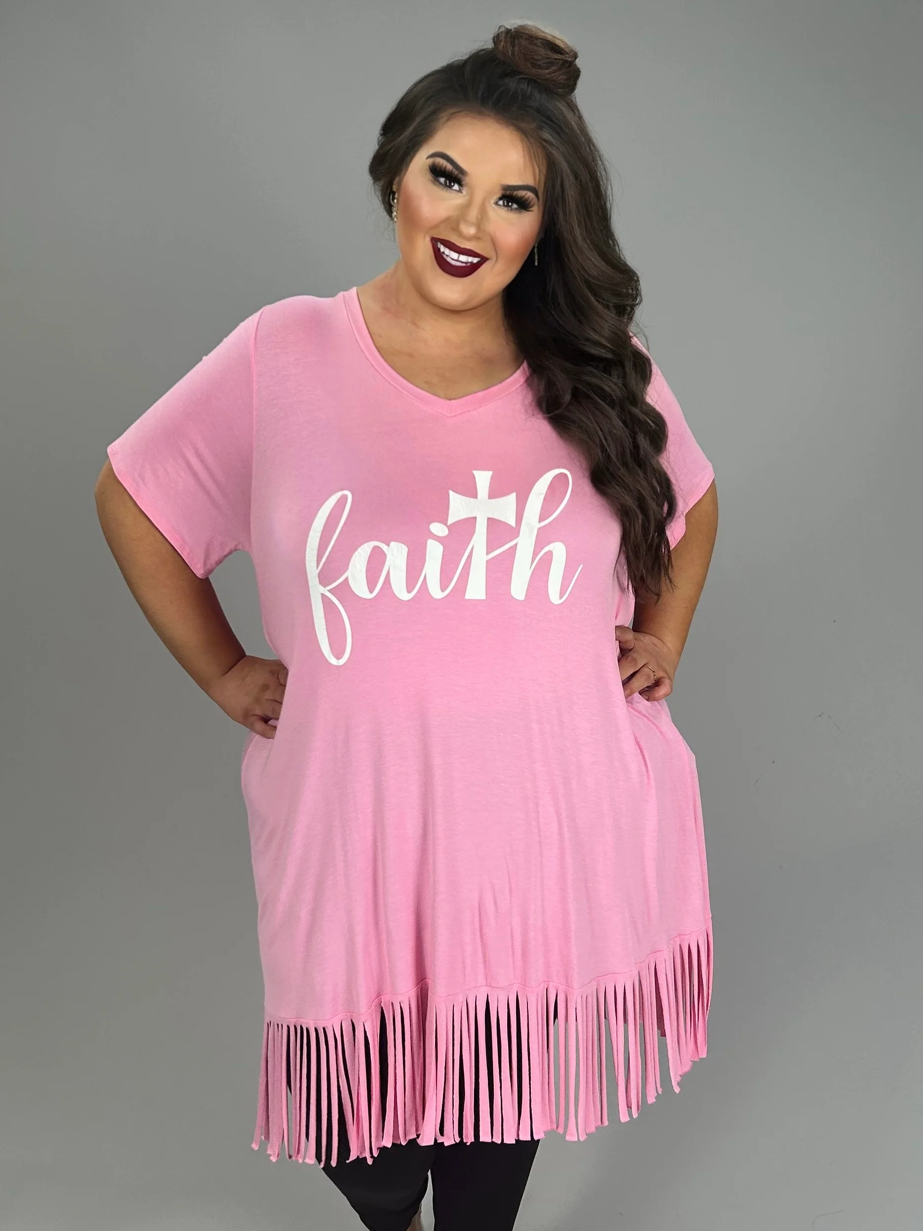 48 GT-B {Matthew 17:20} Pink "Faith" Fringed Tunic PLUS SIZE XL 2X 3X 4X 5X 6X - Image 2
