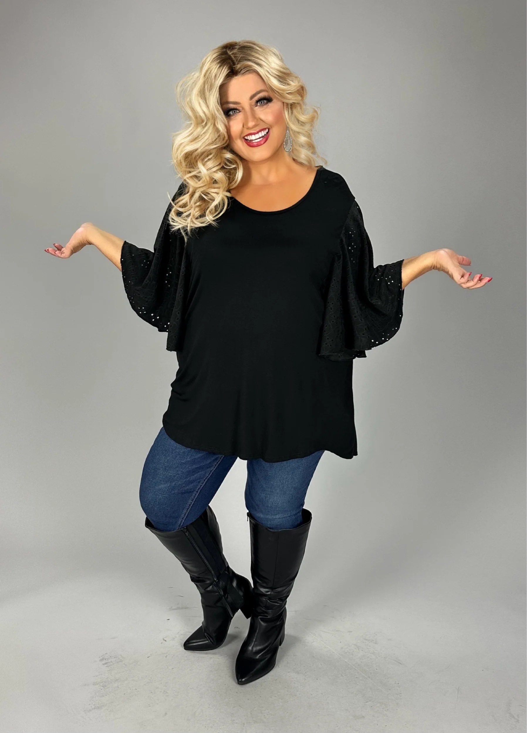 54 SD {Not So Subtle} Black Eyelet Bat Wing Sleeve Top PLUS SIZE 1X 2X 3X - Image 4