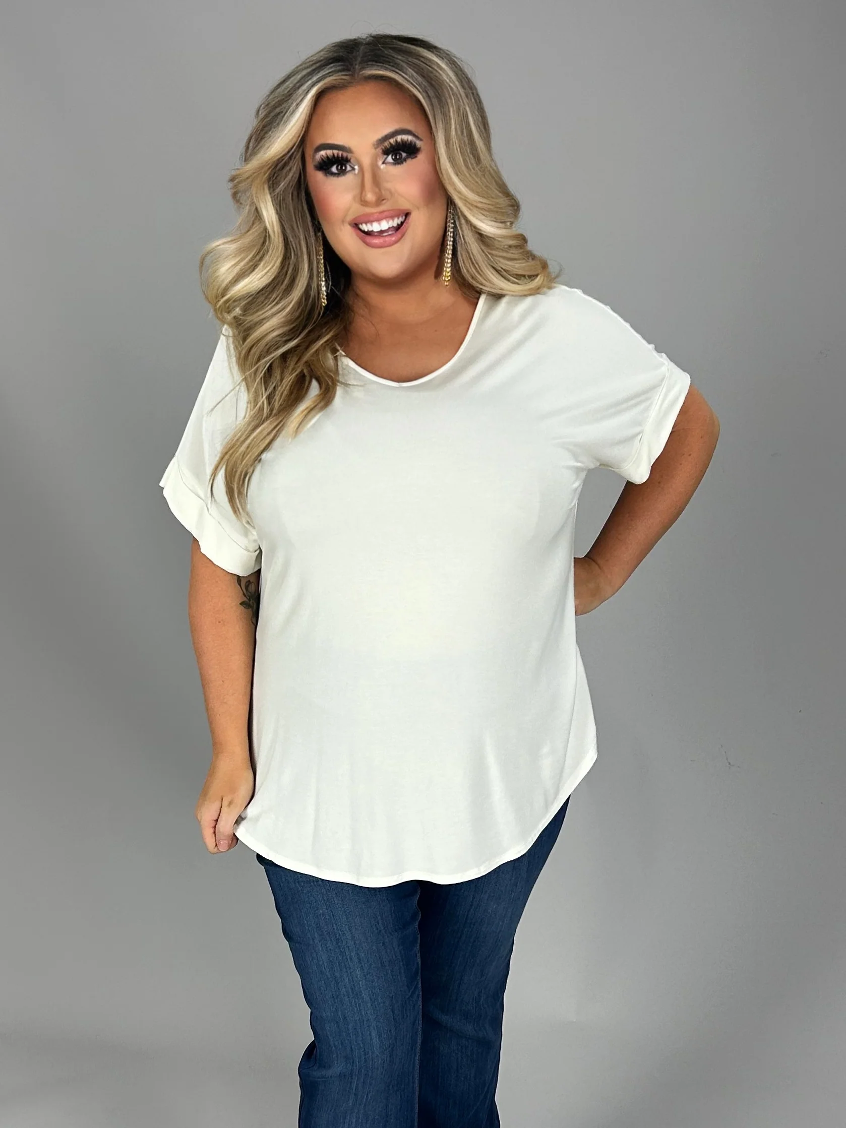 58 SSS-A {Hint of Ivory} Ivory V-Neck Top Short Cuffed Sleeve Top PLUS SIZE 1X 2X 3X - Image 2