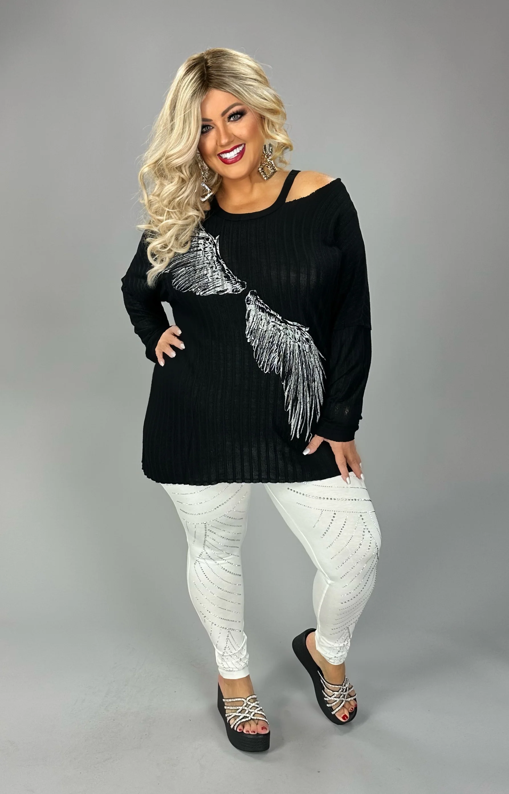 59 OS {Angelic Allure} VOCAL Black Cold Shoulder Angel Wing Top PLUS SIZE XL 2X 3X - Image 2