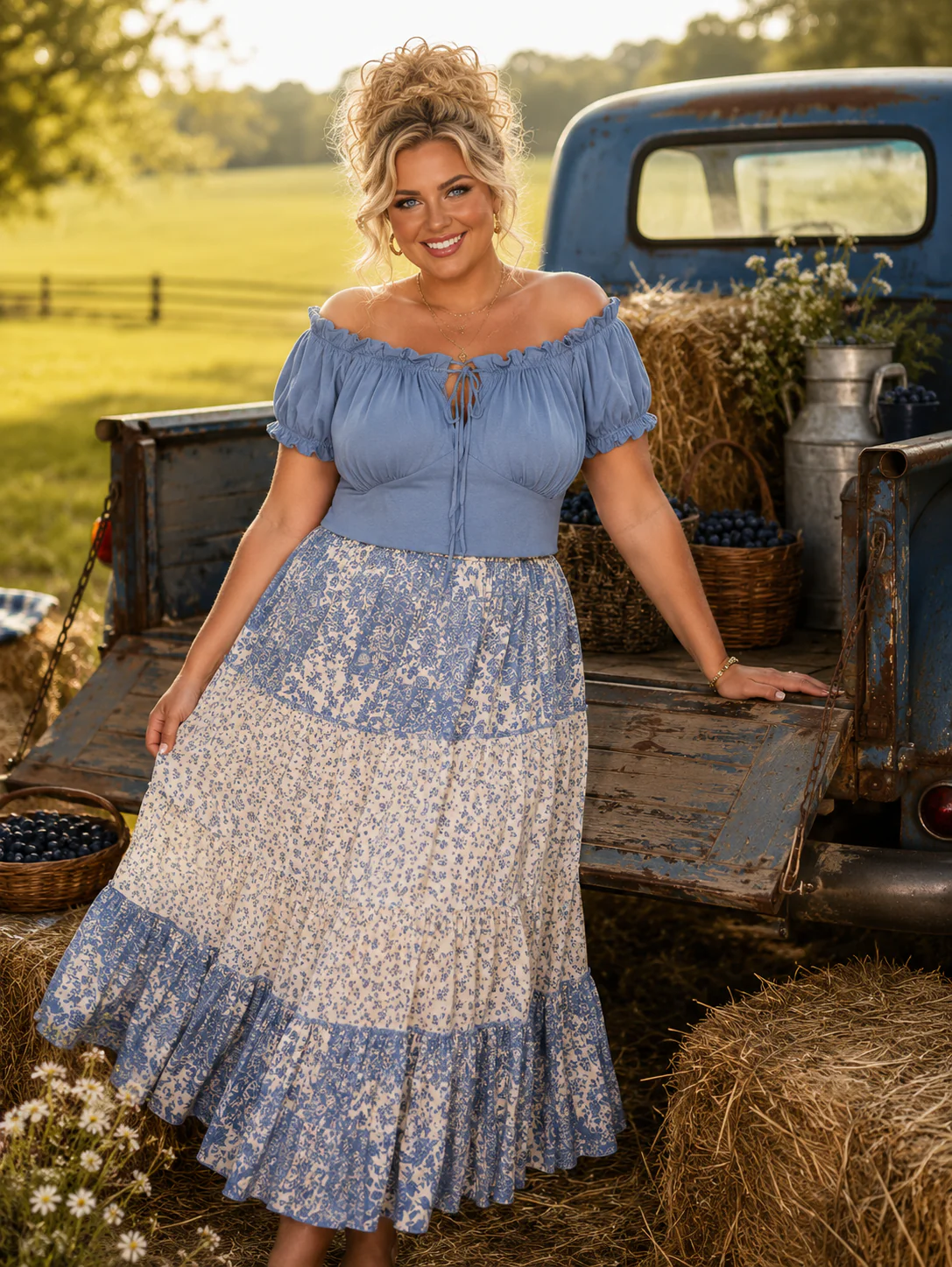 59 OS {Country Chic} Dusty Blue Off Shoulder Top PLUS SIZE 1X 2X 3X