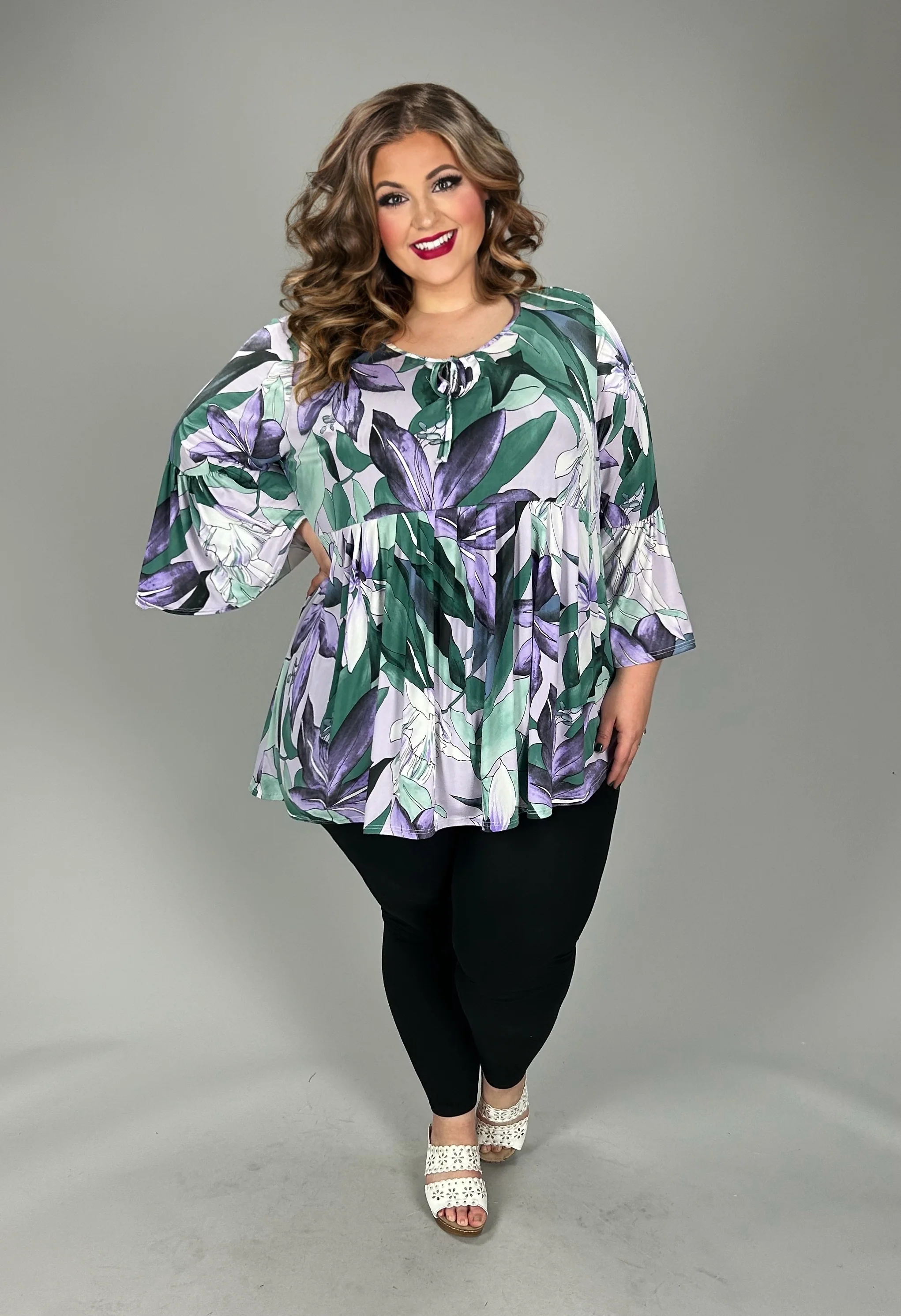 61 PQ {Good For Me} Green Purple Floral Tie Neck Top EXTENDED PLUS SIZE 3X 4X 5X - Image 3