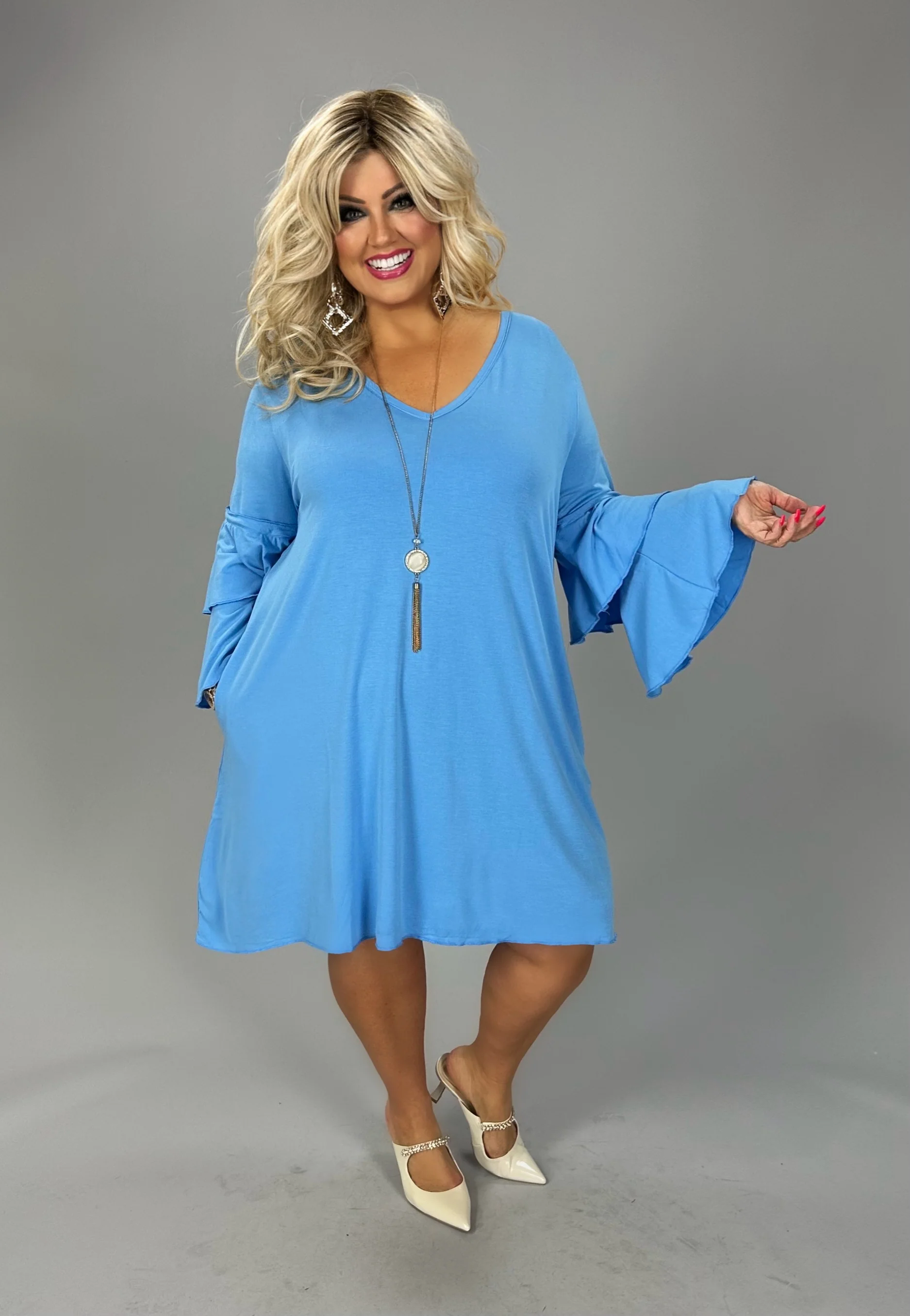 61 SQ {No Excuses} Spring Blue V-Neck Tiered Sleeve Dress PLUS SIZE 1X 2X 3X - Image 2