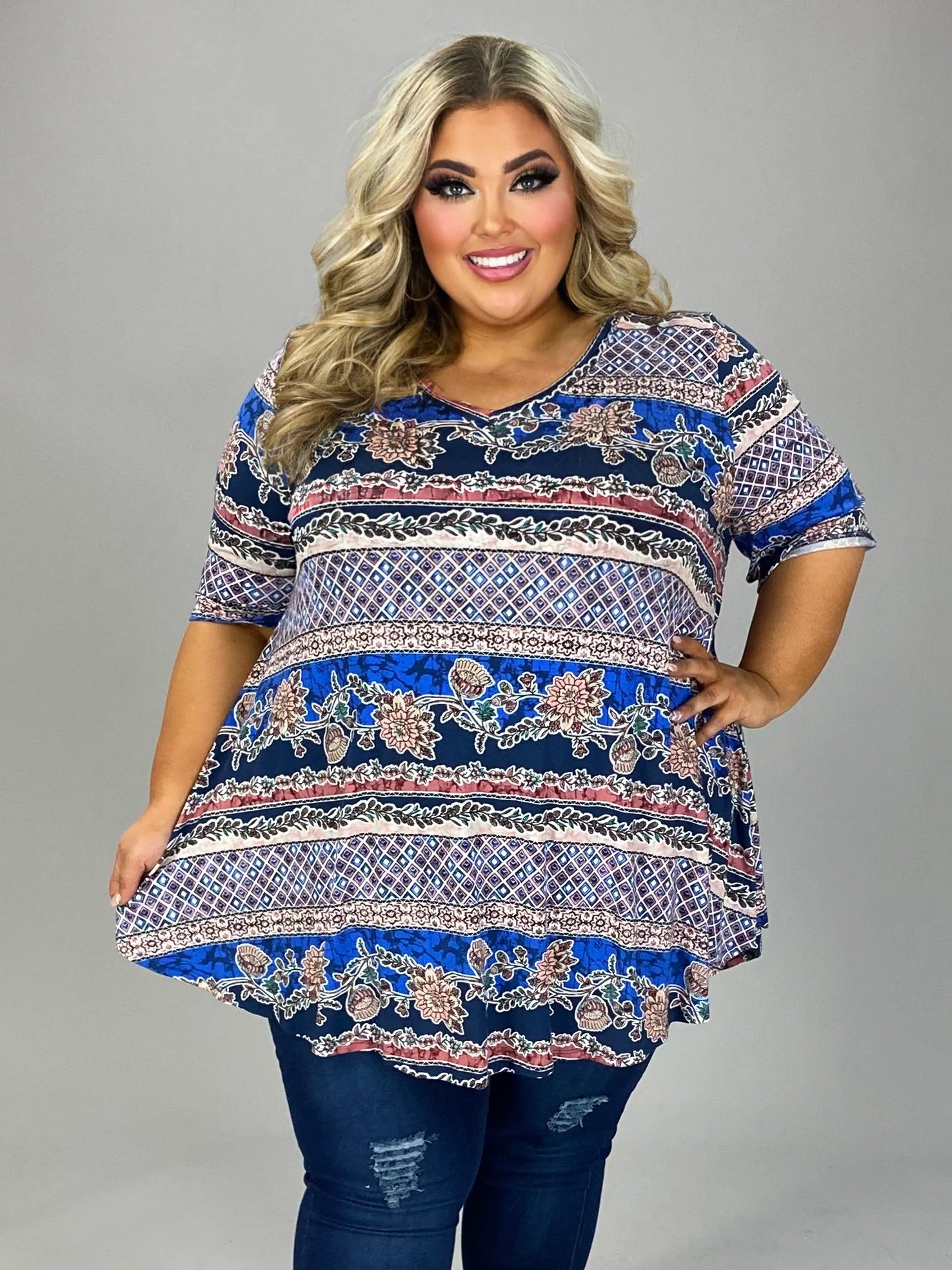 62 PSS {Best Case Scenario} Blue Floral Stripe Print Top EXTENDED PLUS SIZE 3X 4X 5X - Image 4
