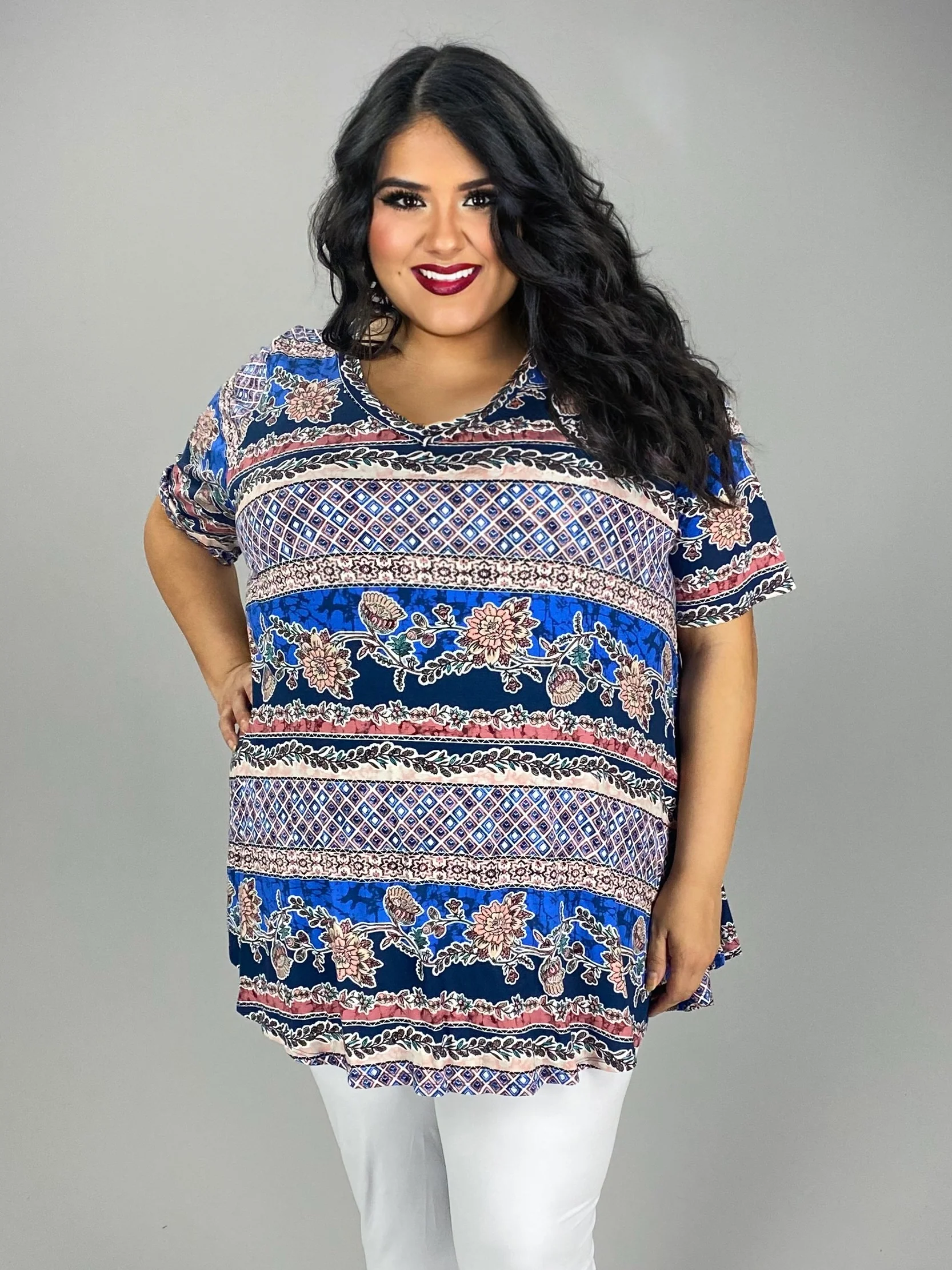 62 PSS {Best Case Scenario} Blue Floral Stripe Print Top EXTENDED PLUS SIZE 3X 4X 5X - Image 6