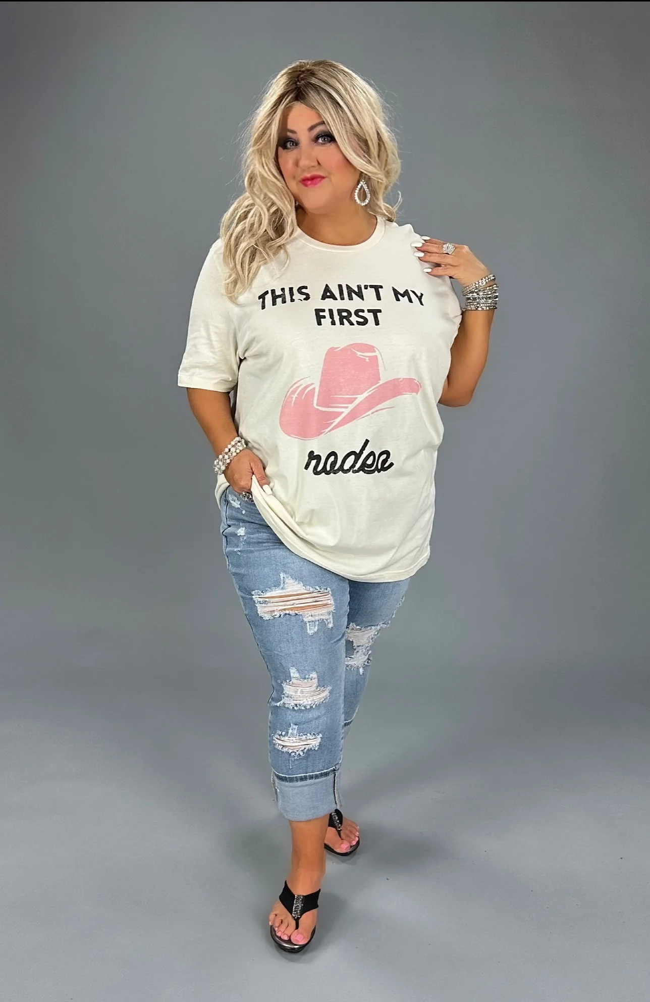 66 GT-I {First Rodeo} Beige Pink Hat Print Graphic Tee PLUS SIZE 1X 2X 3X - Image 4