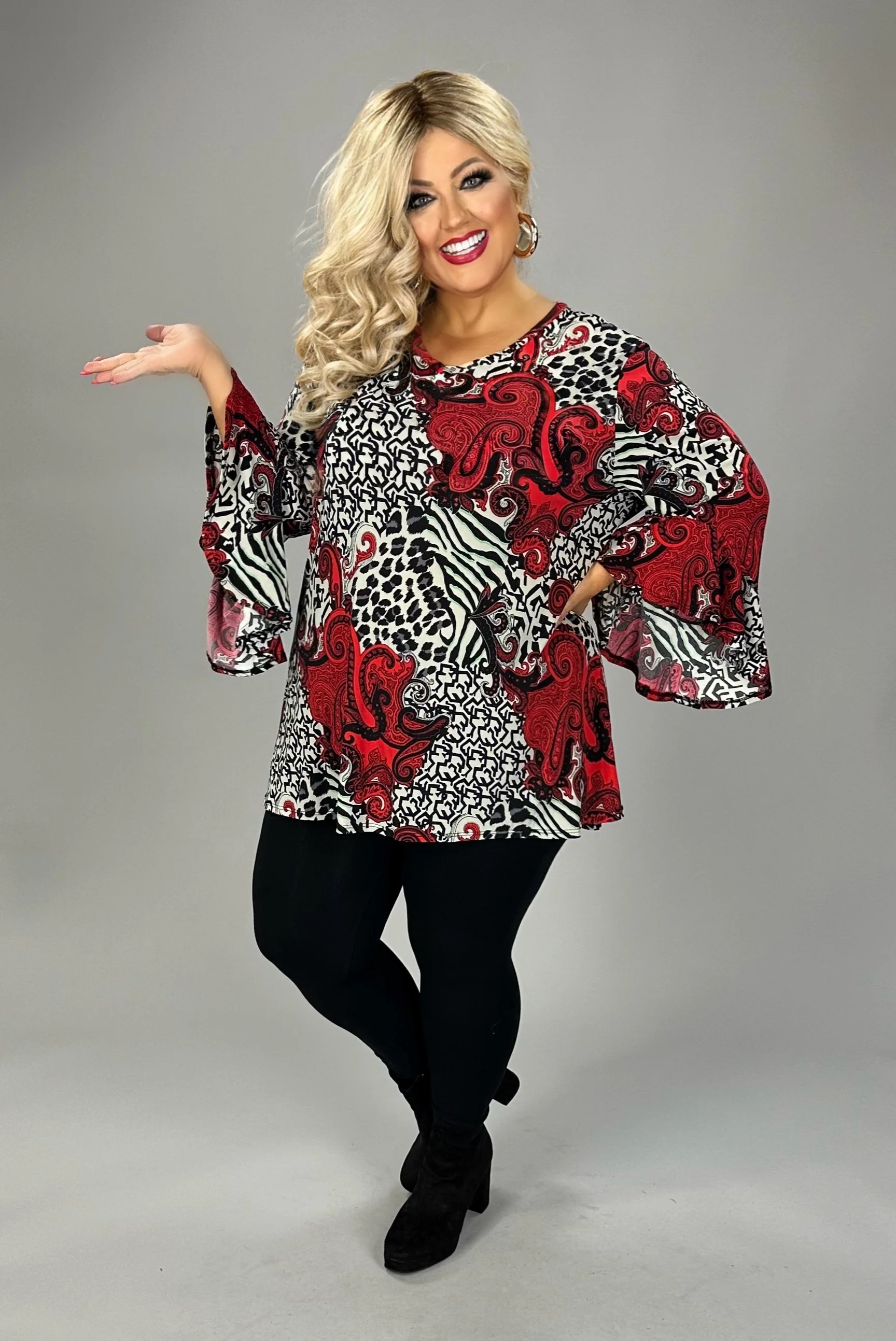 81 PQ {Chasing Perfection} Black/Red Mixed Print Ruffle  Sleeve Top EXTENDED PLUS 4X 5X 6X - Image 3
