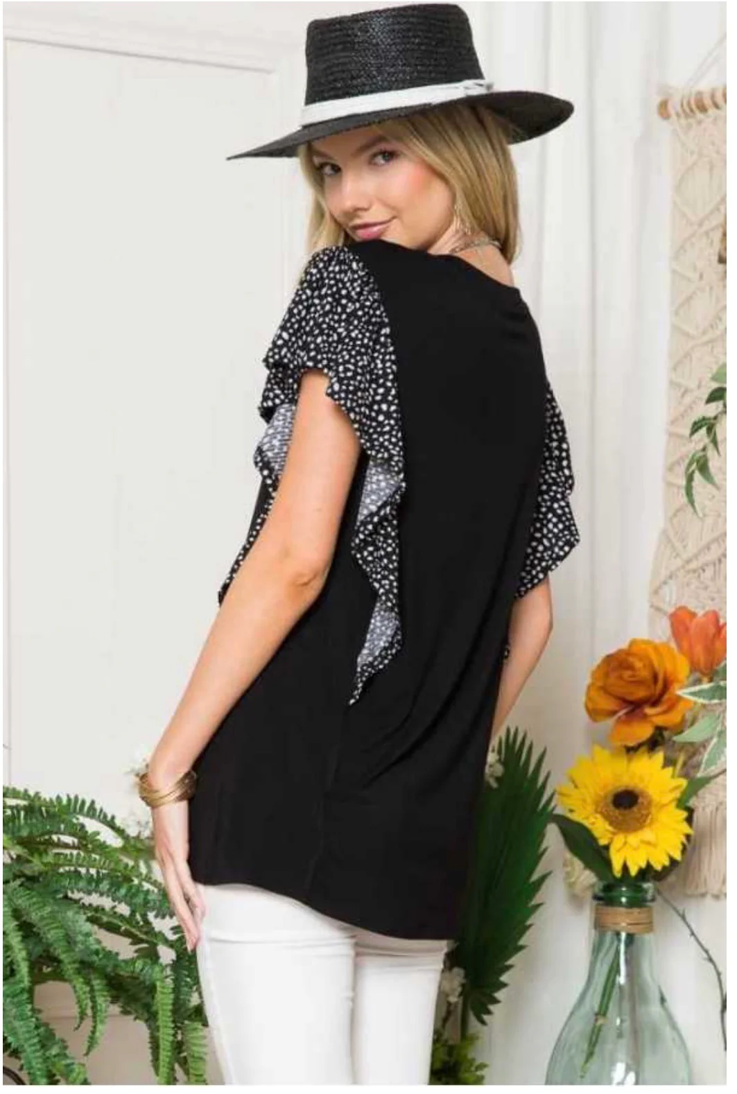 85 CP-B {A Flutter Above} Black Top W/Print Contrast PLUS SIZE 1X 2X 3X - Image 2